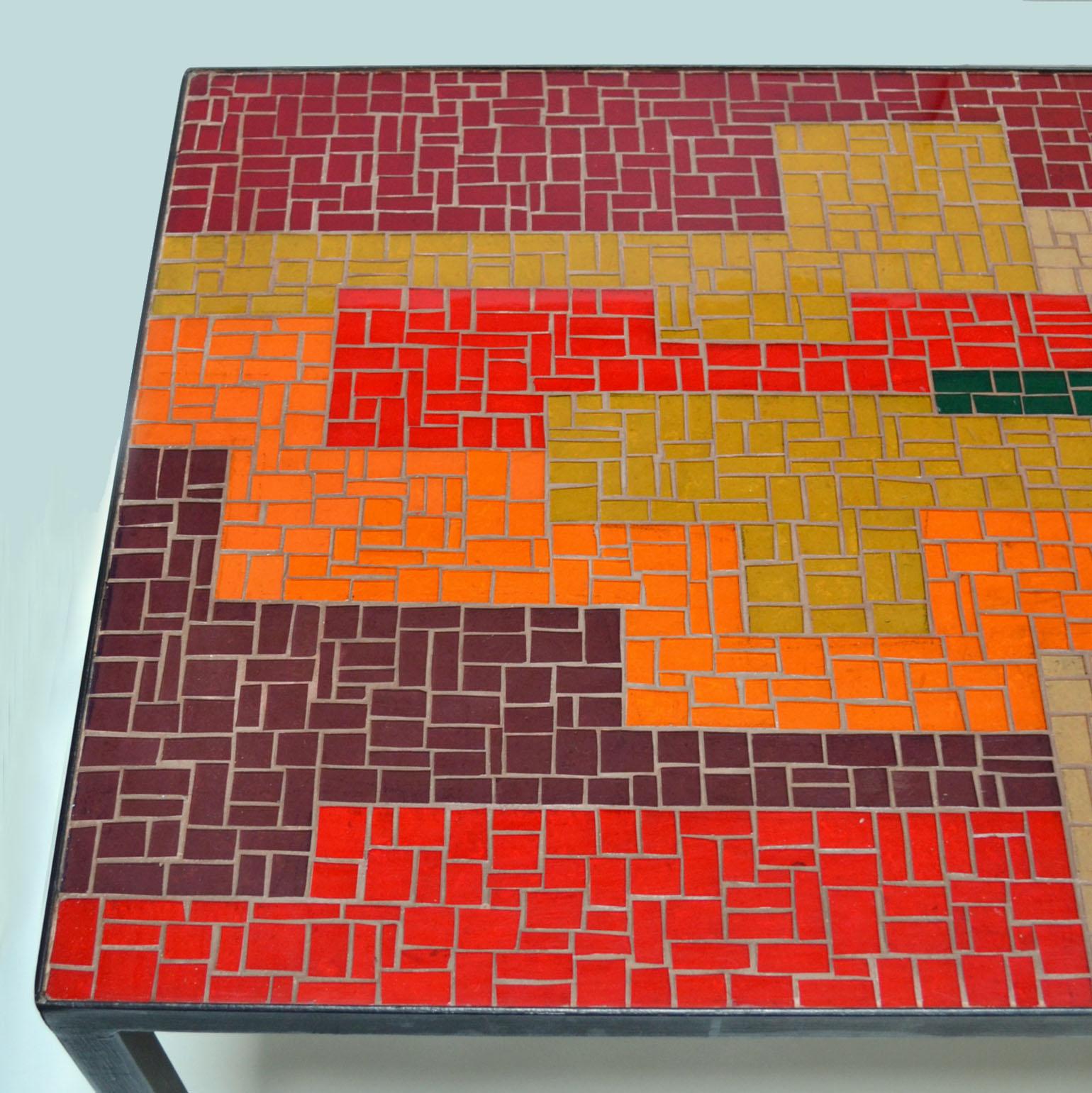Mid-20th Century Mosaic Coffee Table with Abstract Pattern in Black, Red, Orange and Ochre For Sale