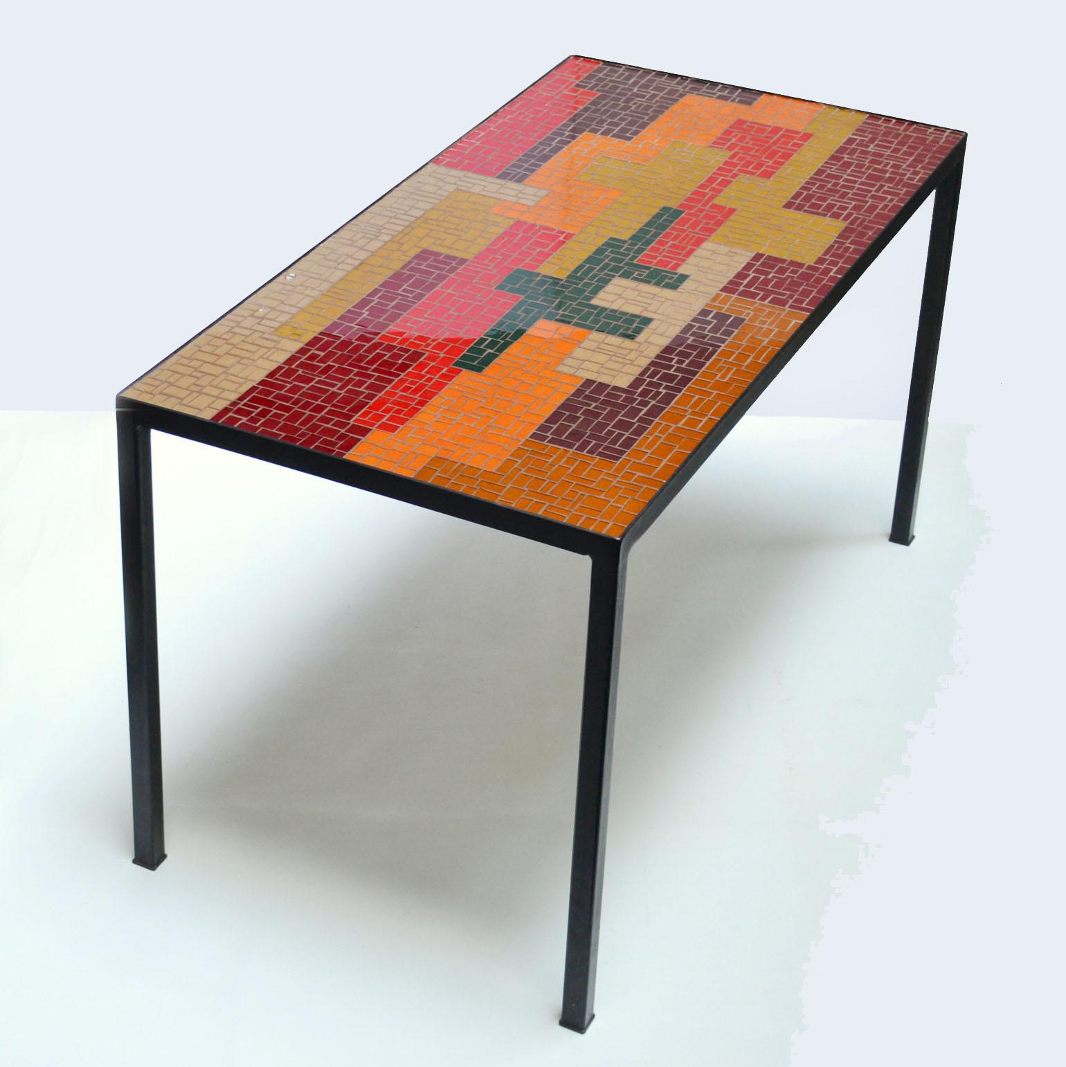 Mosaic Coffee Table with Abstract Pattern in Black, Red, Orange and Ochre For Sale 1