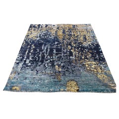Mosaic Design Blue Wool and Silk Hand Knotted Oriental Rug
