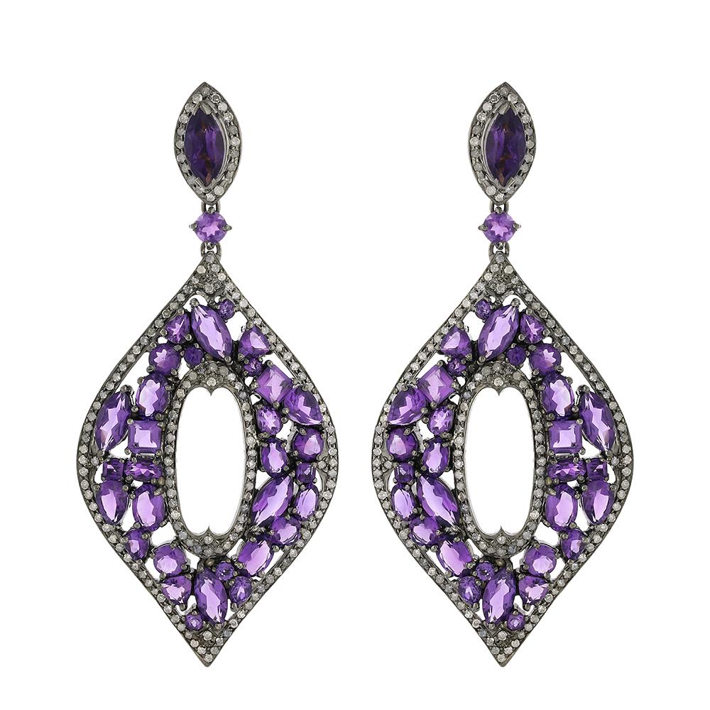 Mixed Cut Mosaic Designed Amethyst Diamond Gold Earrings For Sale