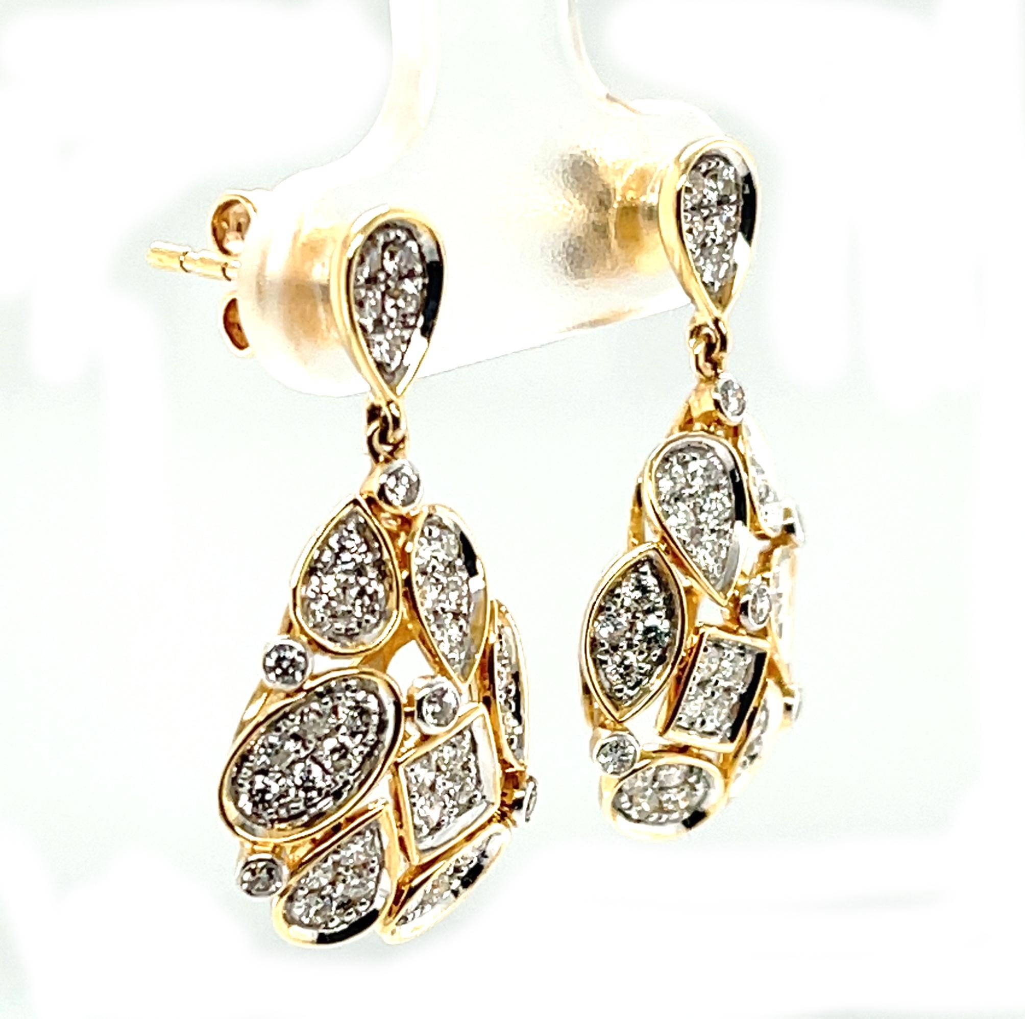 Artisan Mosaic Diamond Pave Drop Earrings in Yellow Gold, 1.26 Carat Total For Sale