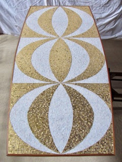 Mosaic Dining Table Writing Desk Gold and Marble Tile Bronze Bases, circa 1958