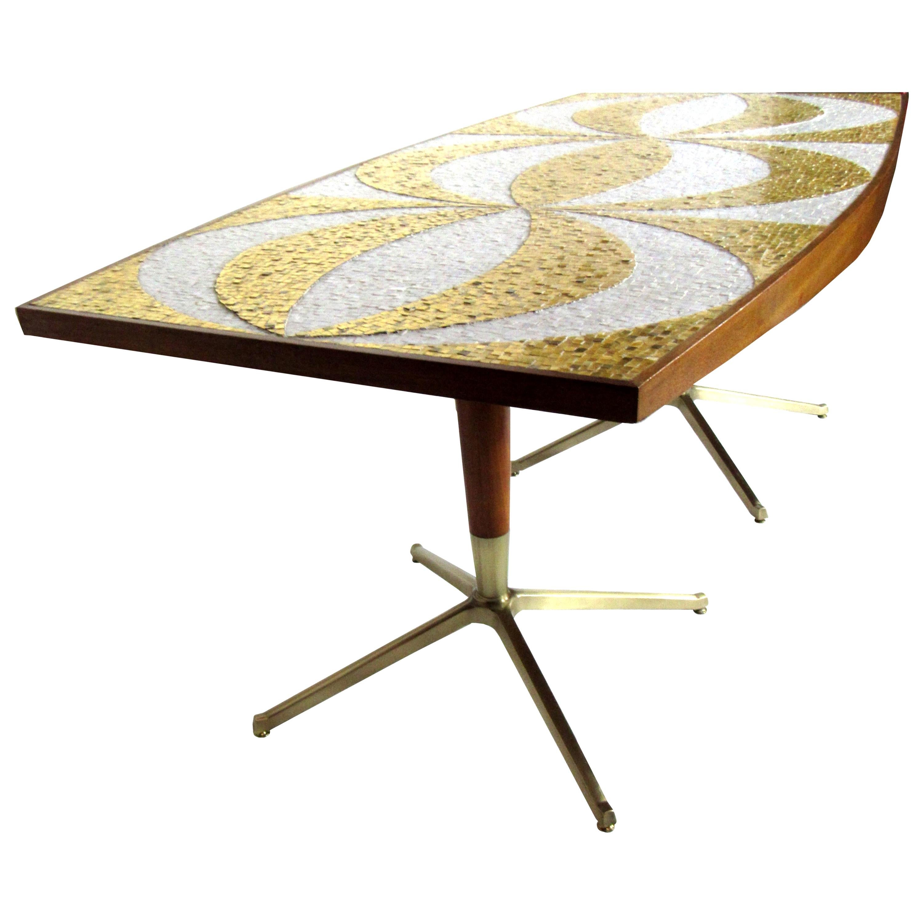 Mosaic Dining Table Writing Desk Gold and Marble Tile Bronze Bases, circa 1958