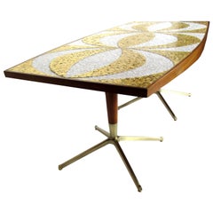 Mosaic Dining Table Writing Desk Gold and Marble Tile Bronze Bases, circa 1958