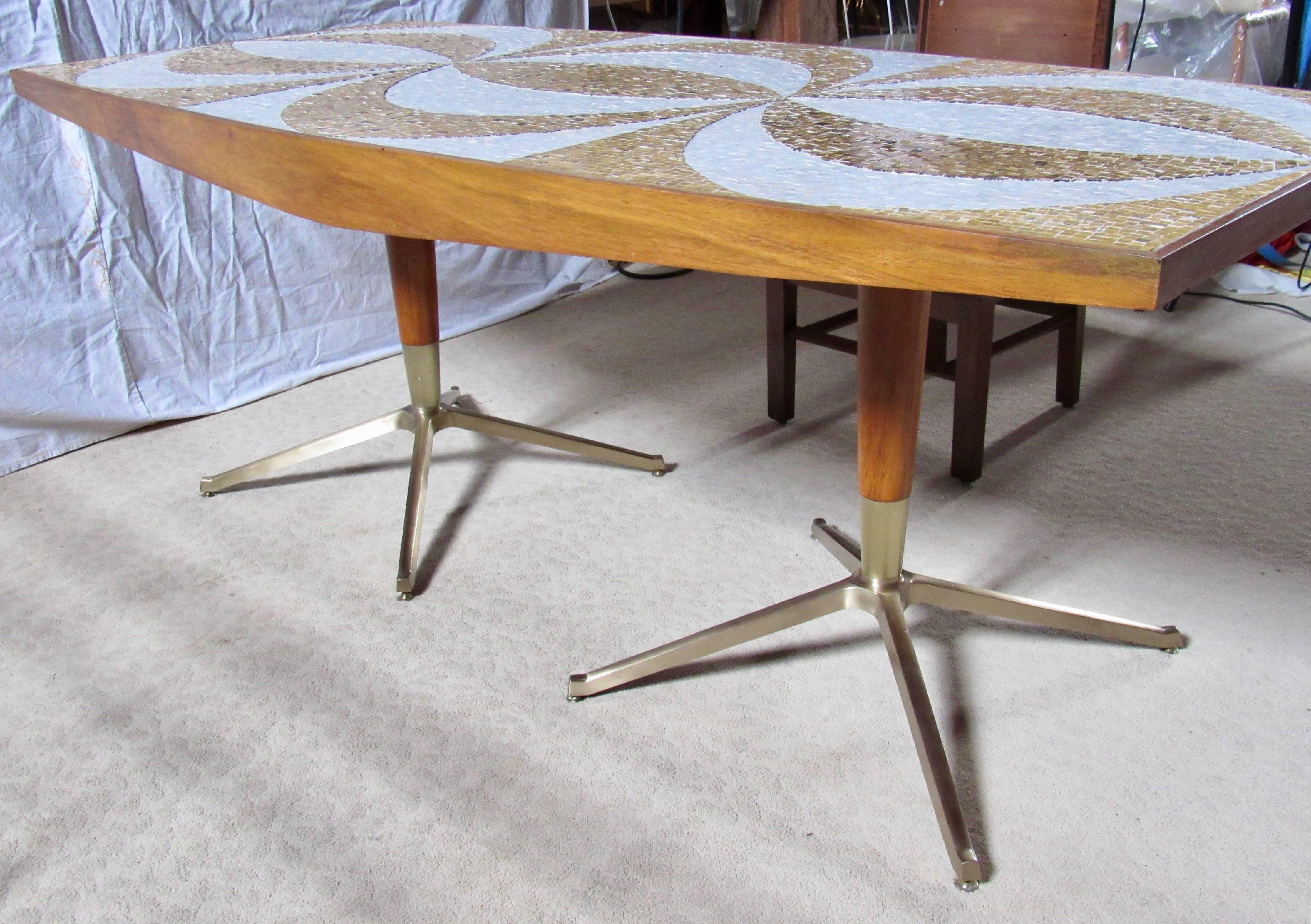 Mosaic Dining Table Writing Desk with Mahogany and Bronze Bases, circa 1958 In Good Condition In Camden, ME