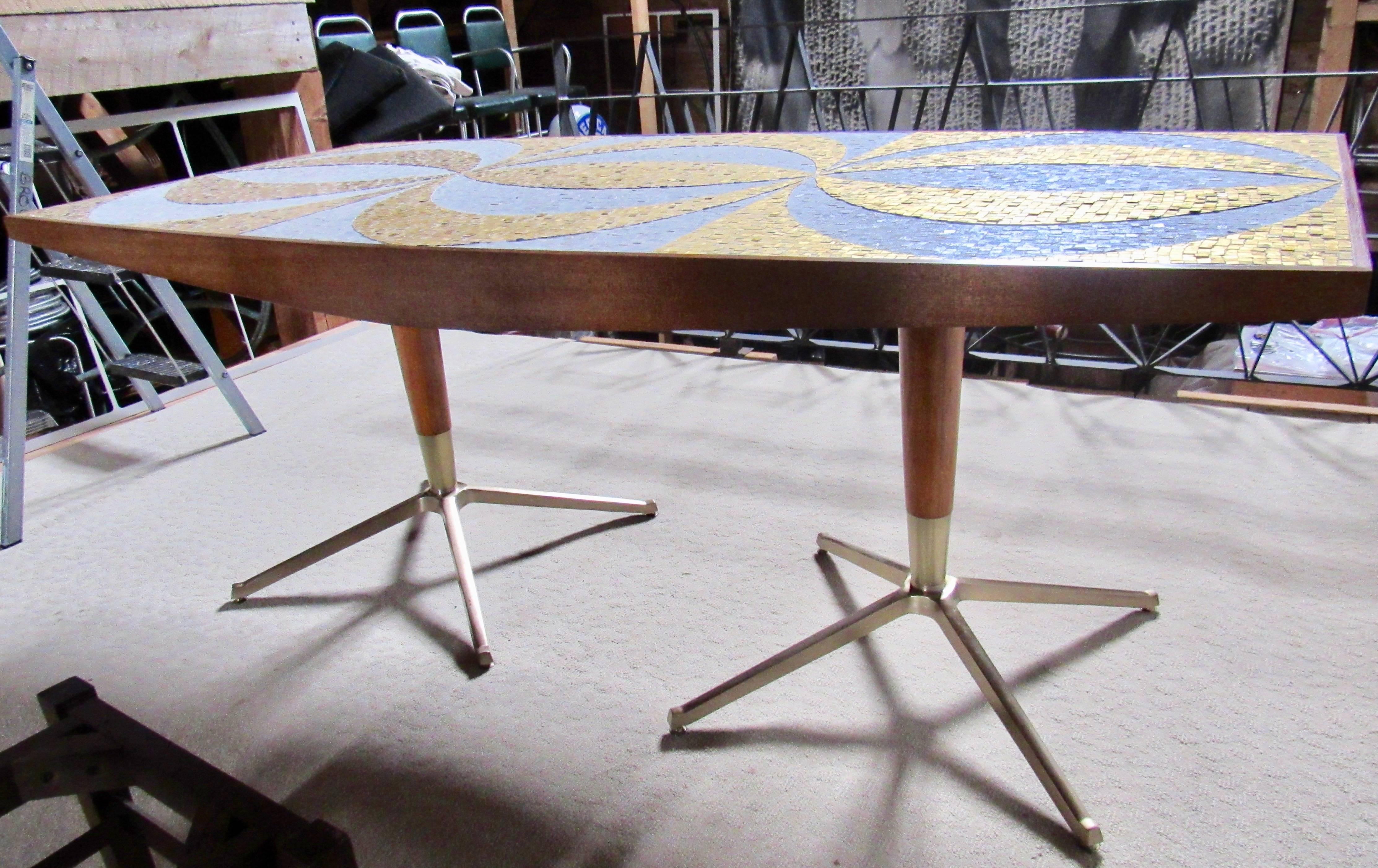 Mexican Mosaic Dining Table Writing Desk with Mahogany and Bronze Bases, circa 1958