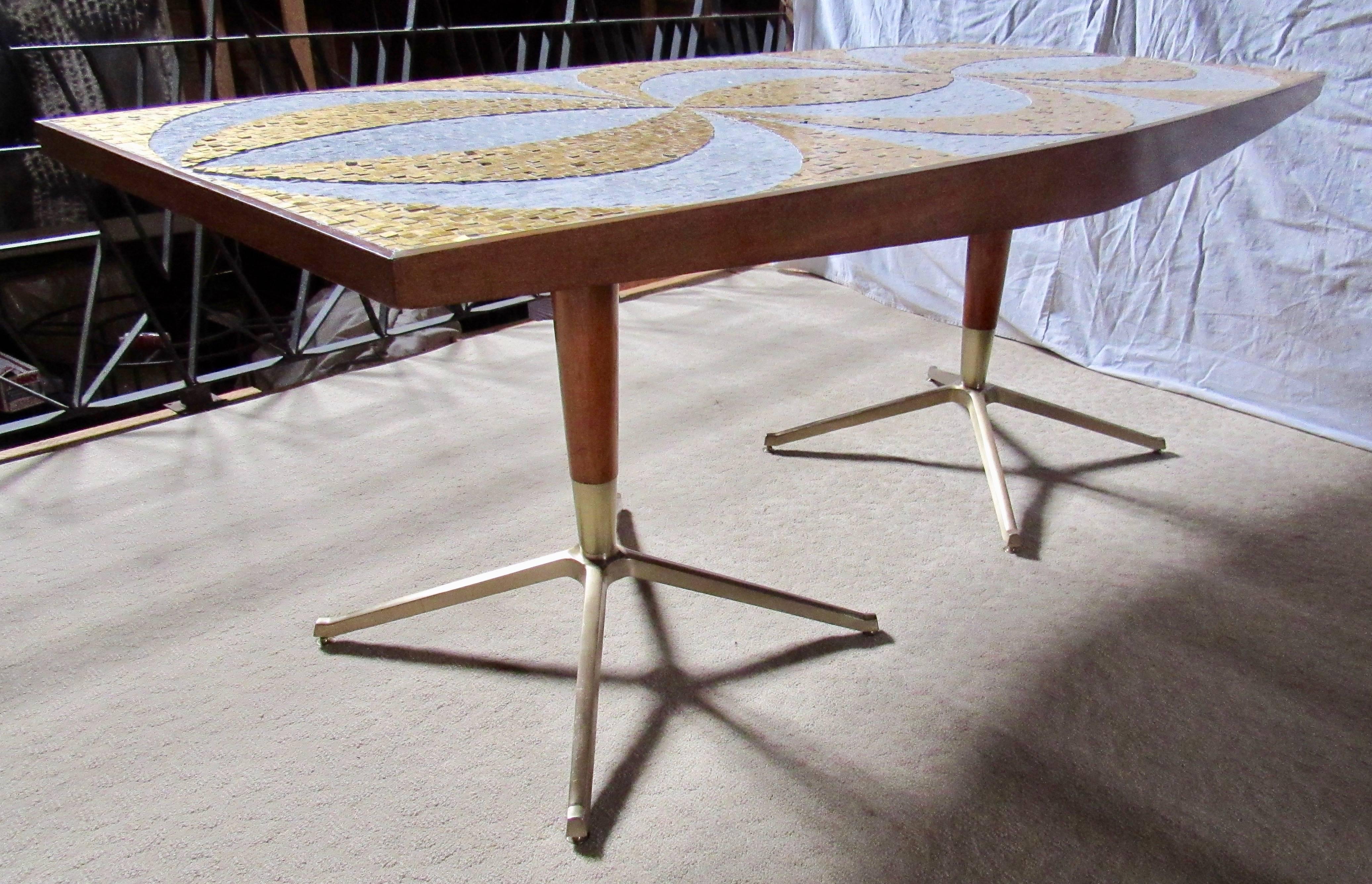 Mid-Century Modern Mosaic Dining Table Writing Desk with Mahogany and Bronze Bases, circa 1958