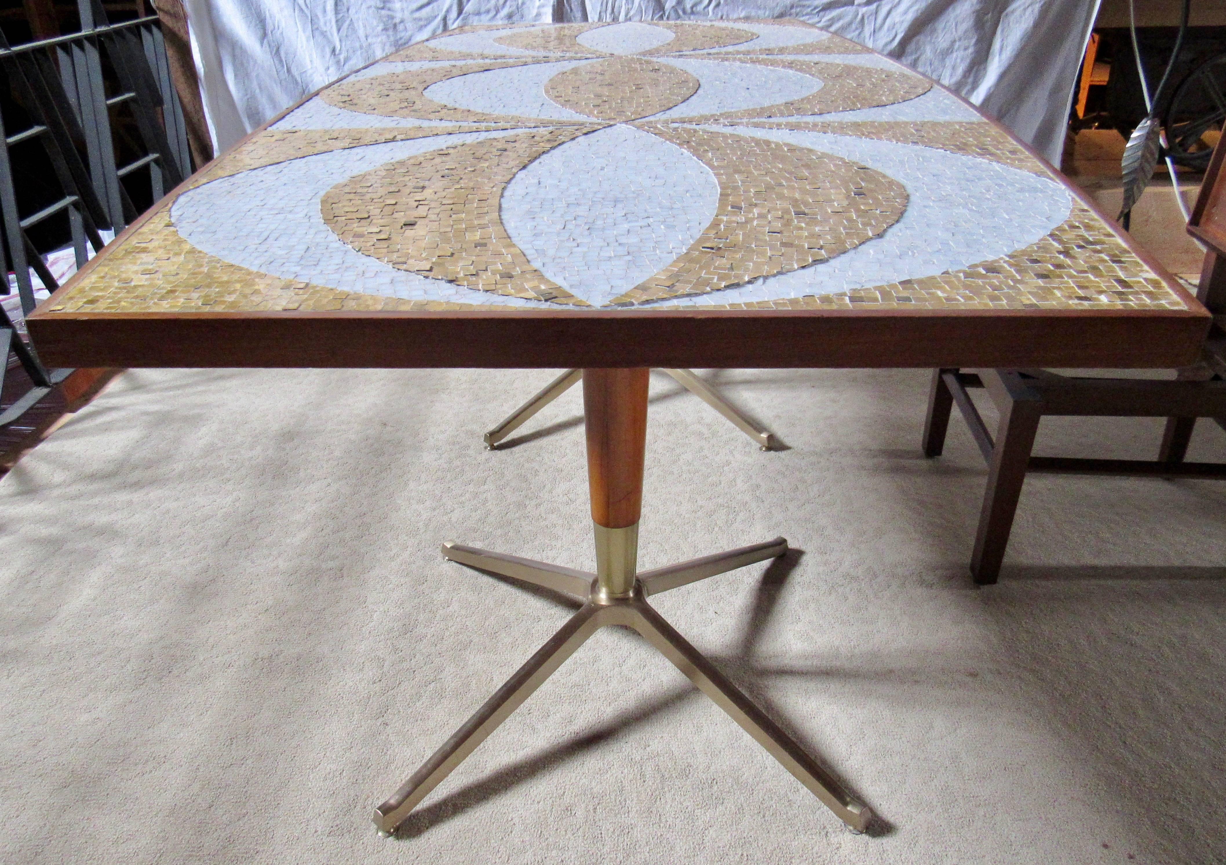 Chamfered Mosaic Dining Table Writing Desk with Mahogany and Bronze Bases, circa 1958