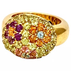 Mosaic Flower 18 Karat Gold Dome Ring-Peridot, Amethyst, Citrine, Topaz-Sz 7 1/2