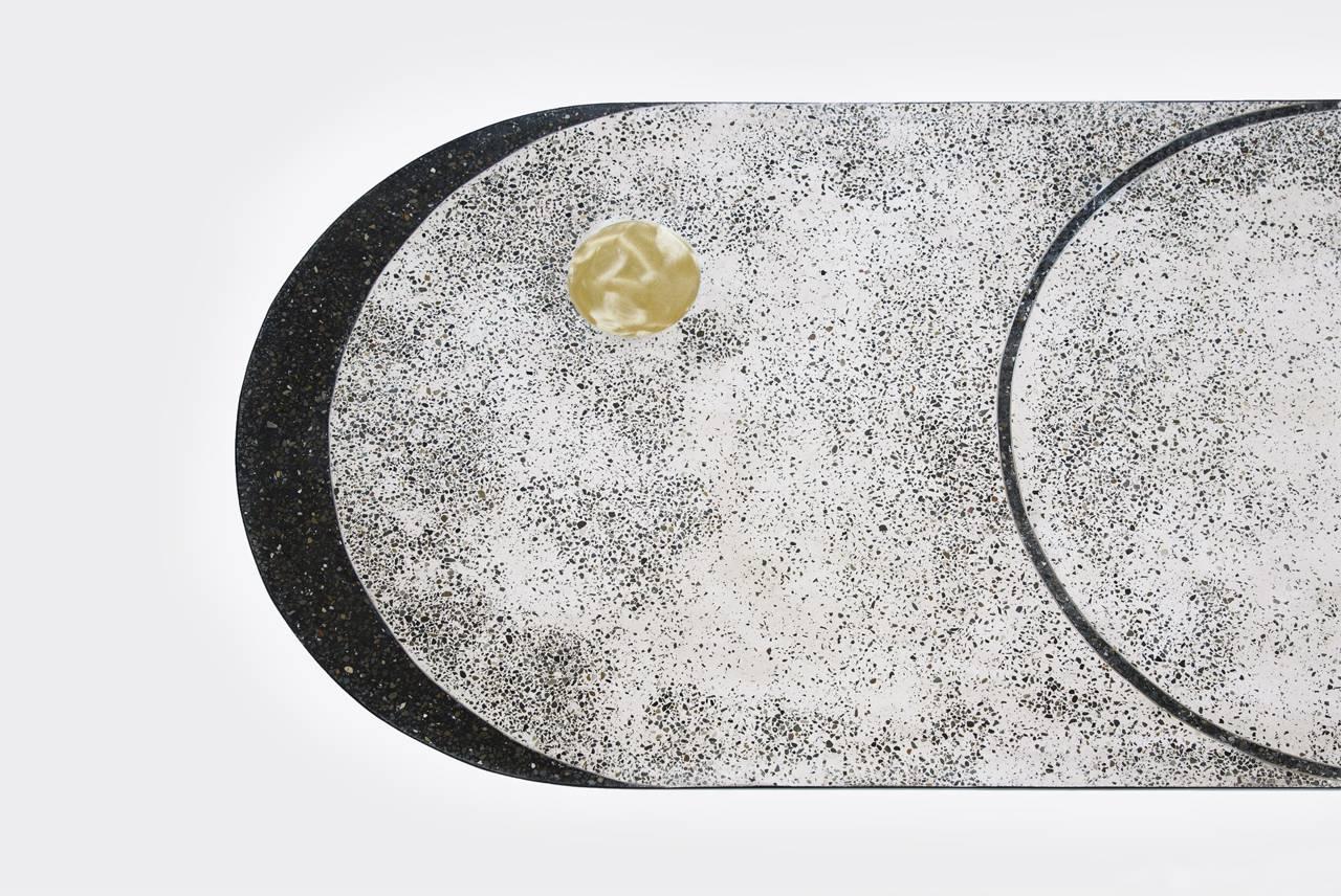 Mosaic Geometric brass table, Rooms
Dimensions: L 200 x W 100 x H 75 cm
Materials: Brass/mosaic/steel 

Geometric table
Inspired by the concept of “keeping magic in our life by staying free yet stable” this Terrazzo Geometric Dining Table,