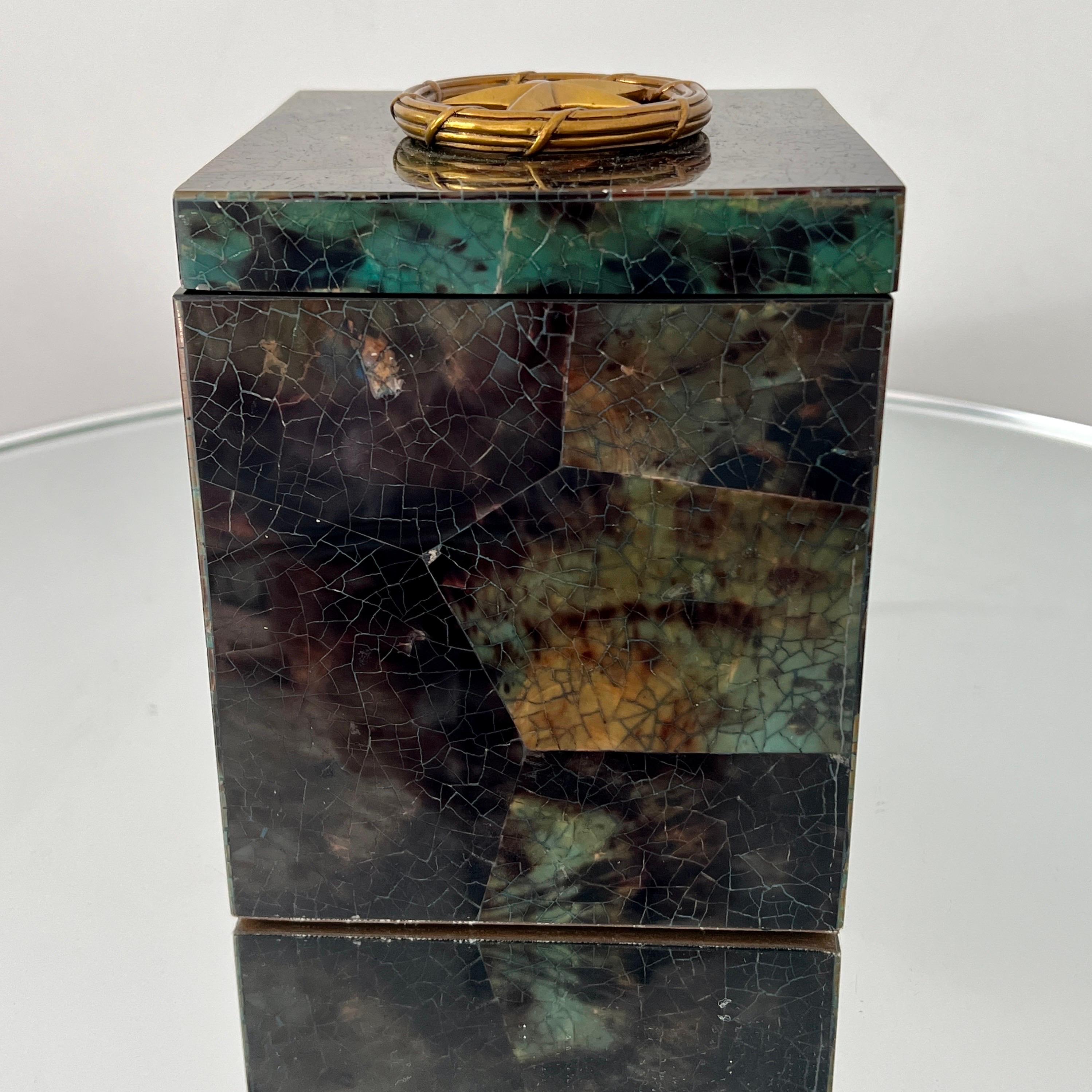 Organic Modern Decorative Box in Green Mosaic Penshell with Brass Star Accent by Maitland Smith For Sale