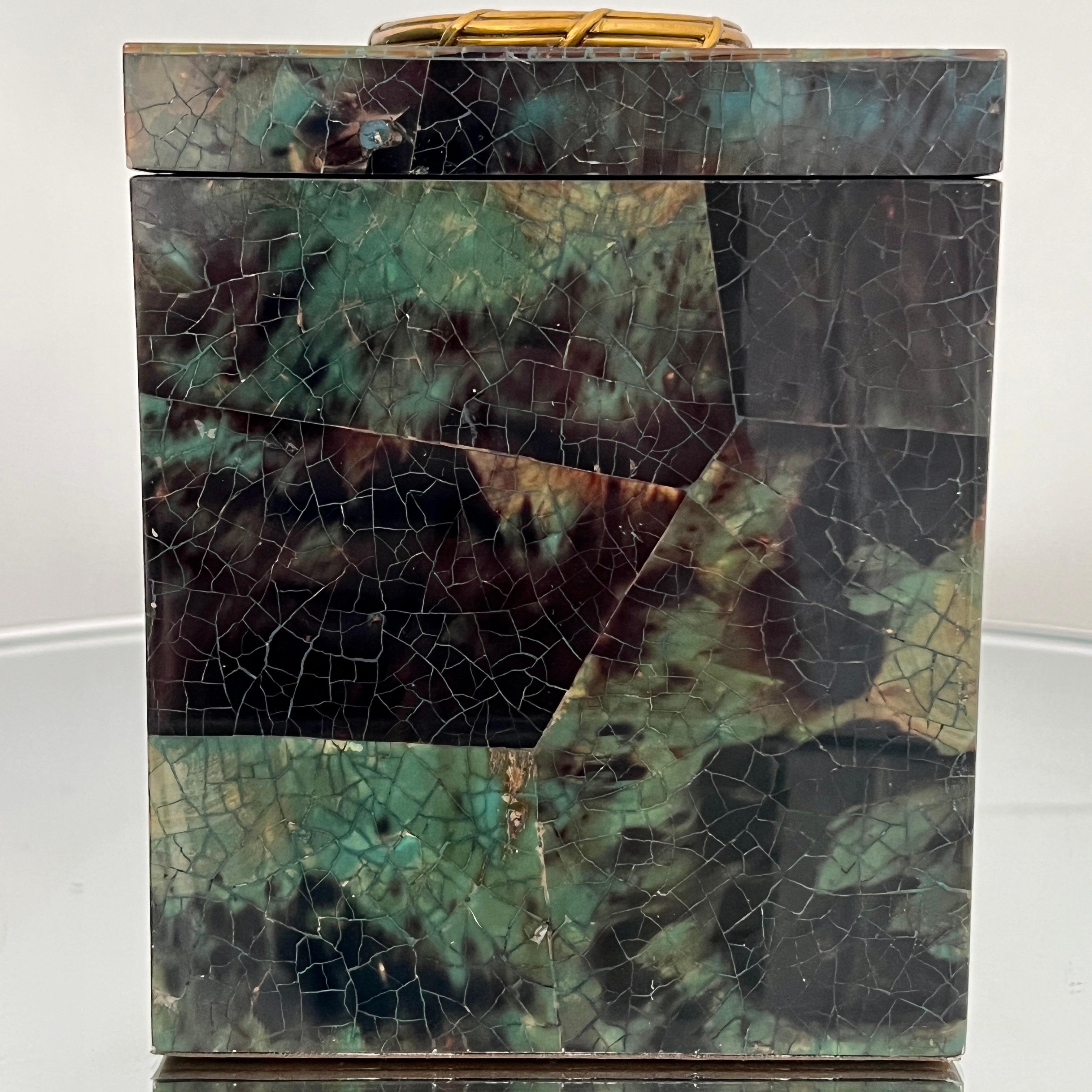Philippine Decorative Box in Green Mosaic Penshell with Brass Star Accent by Maitland Smith For Sale