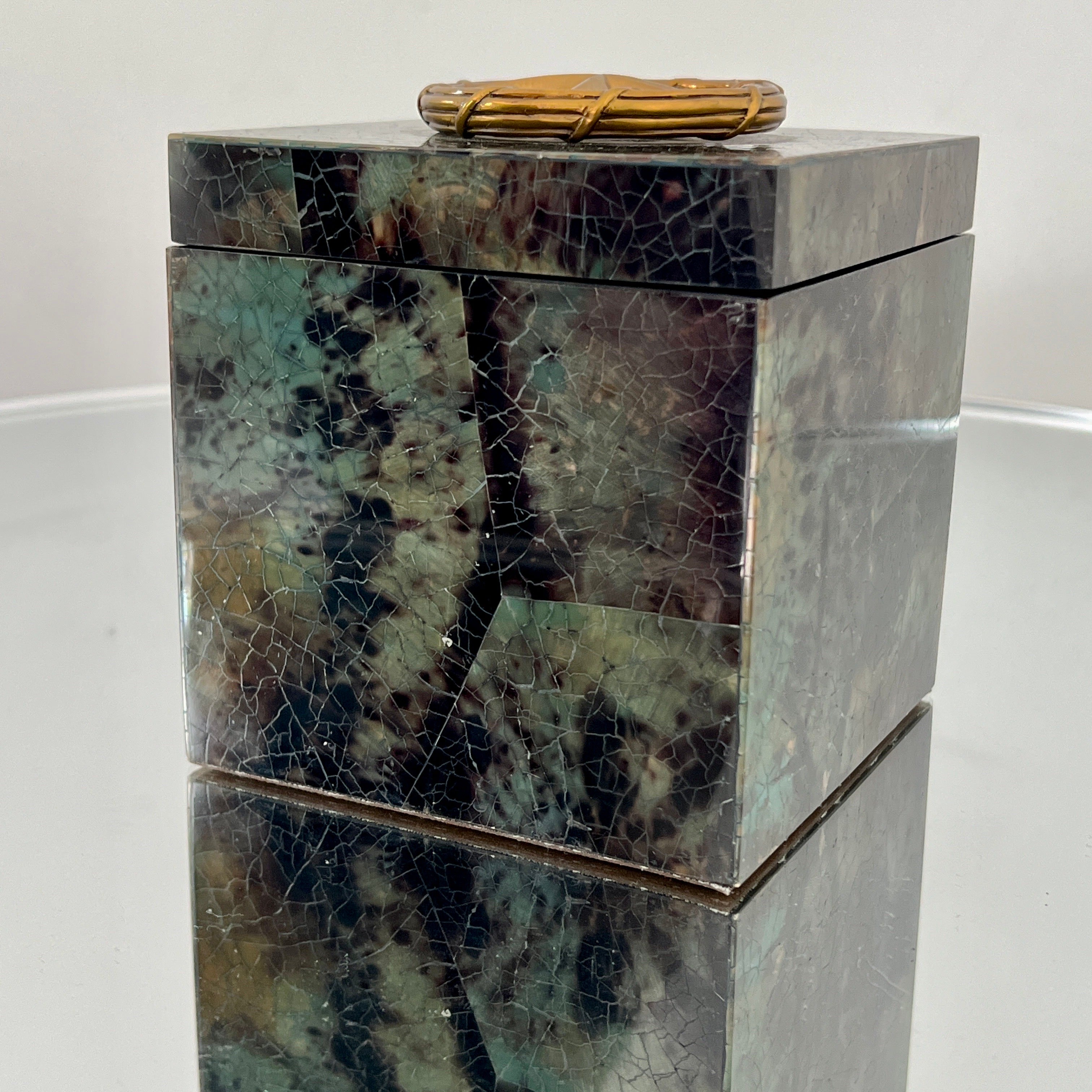 Philippine Green Mosaic Penshell Box with Brass Accent by Maitland Smith For Sale
