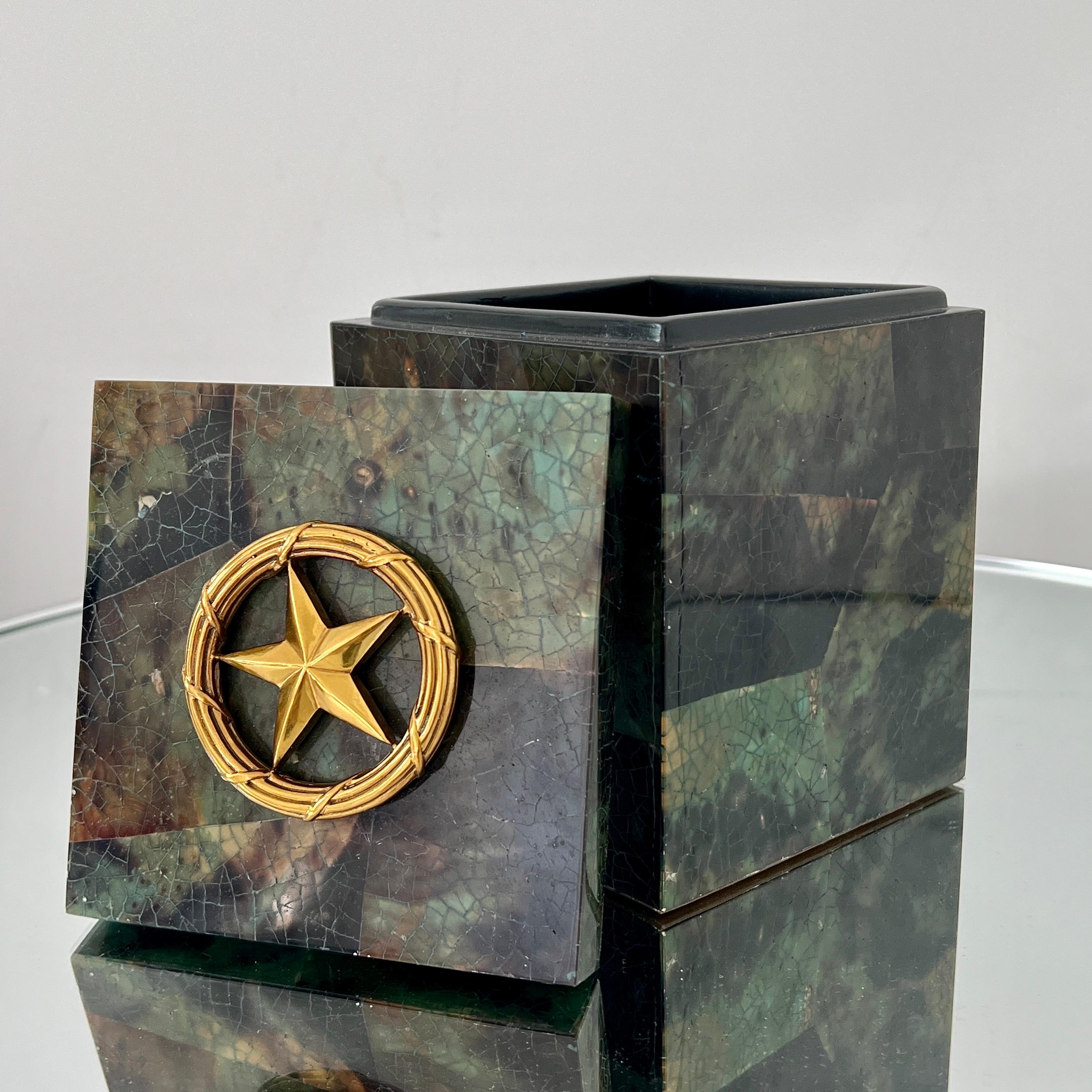 Hand-Crafted Decorative Box in Green Mosaic Penshell with Brass Star Accent by Maitland Smith For Sale