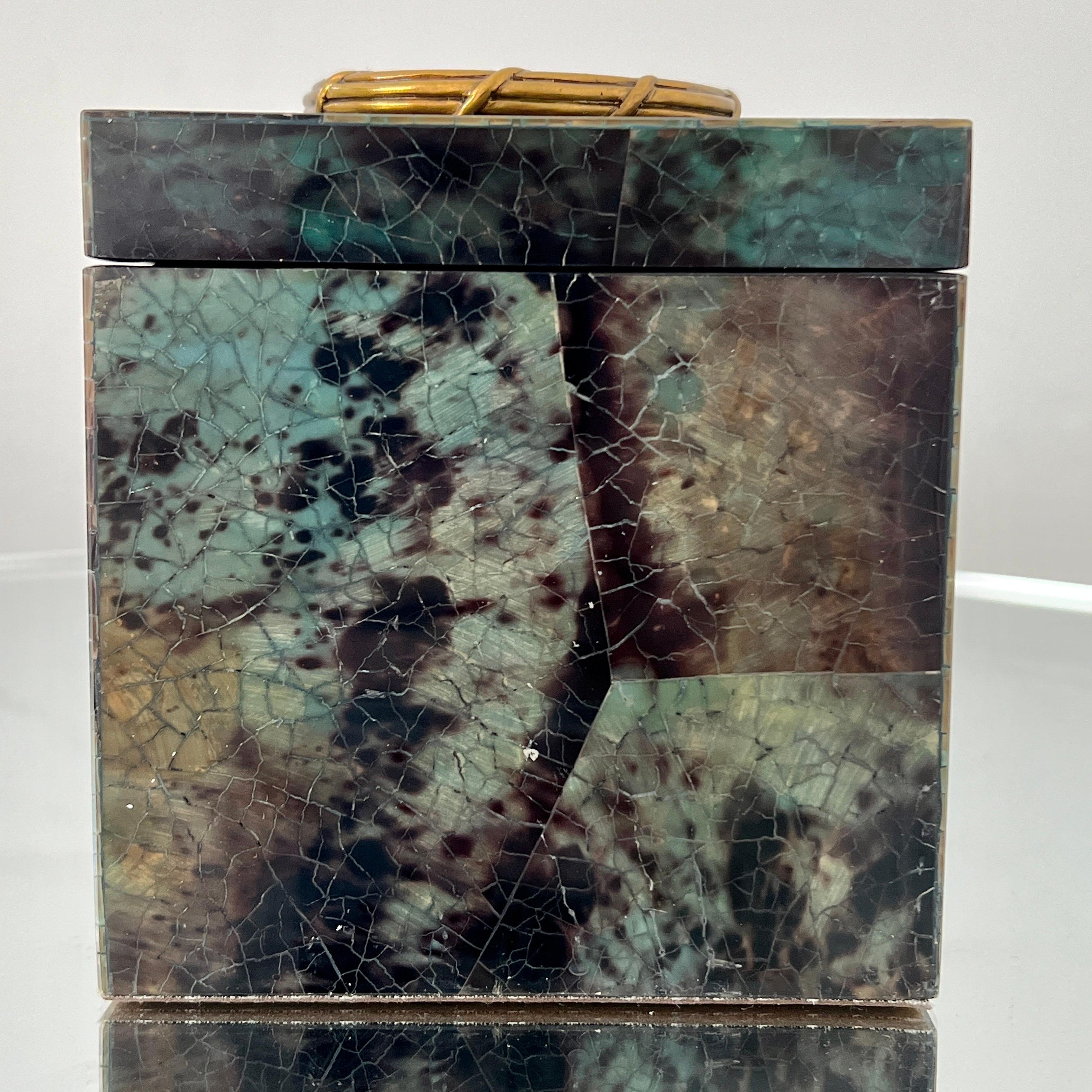 Hand-Crafted Green Mosaic Penshell Box with Brass Accent by Maitland Smith For Sale