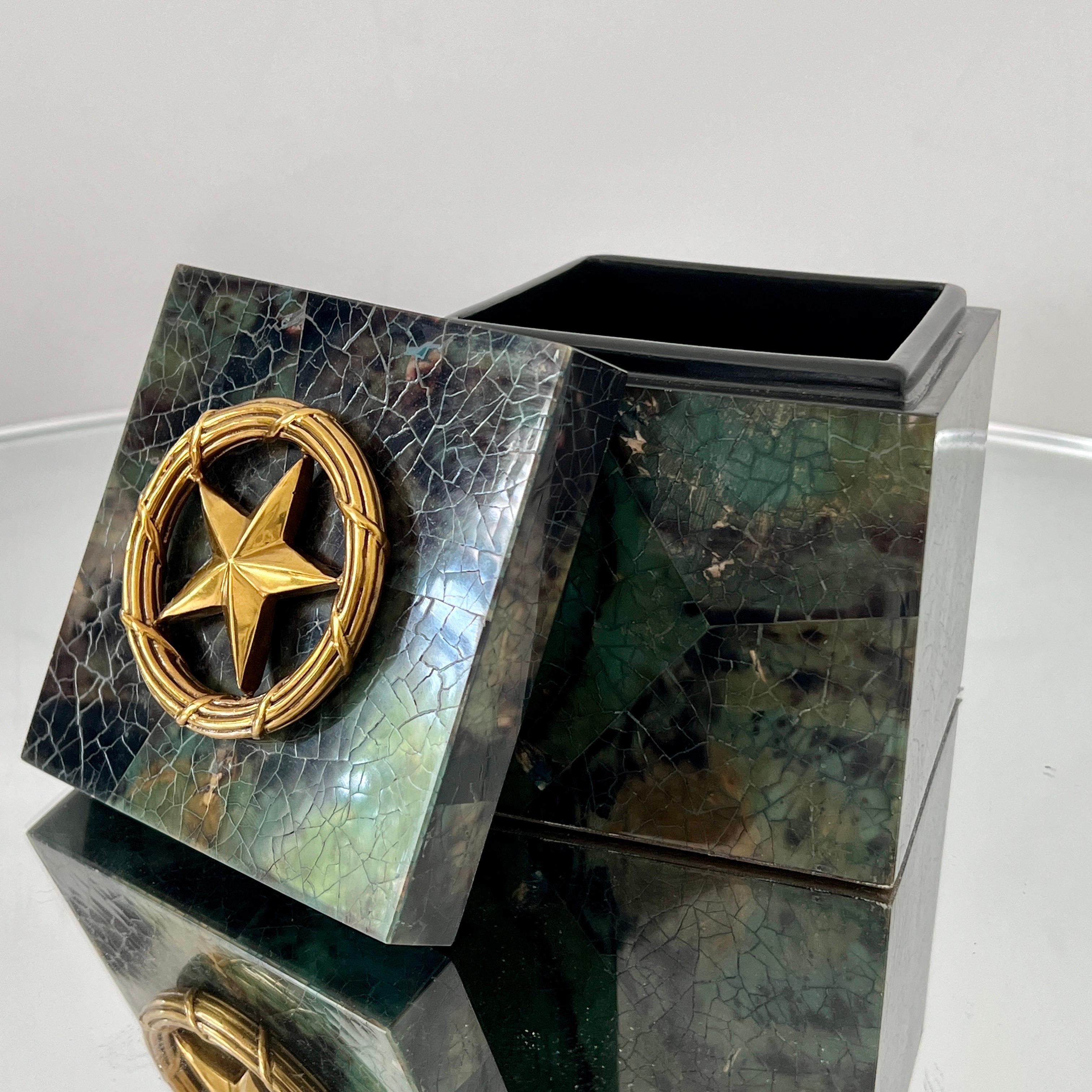 Contemporary Green Mosaic Penshell Box with Brass Accent by Maitland Smith For Sale
