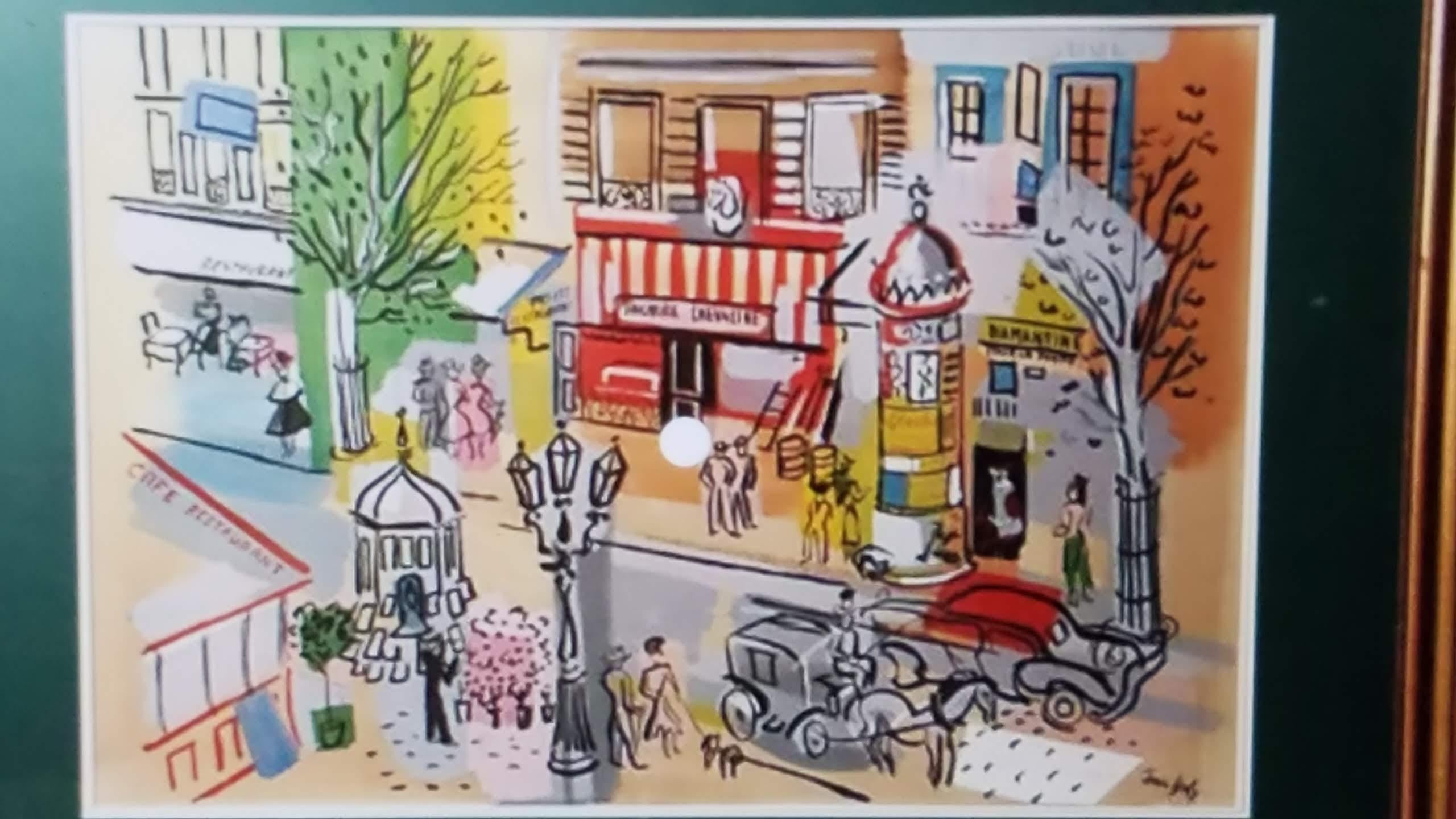 A wonderful mosaic of ceramic and iridescent tile that captures the vitality and color of a neighborhood in Paris with small shops, a cafe, a pharmacie, along a tree lined boulevard based on a Jean Dufy 1950s watercolor of a Parisian street scene