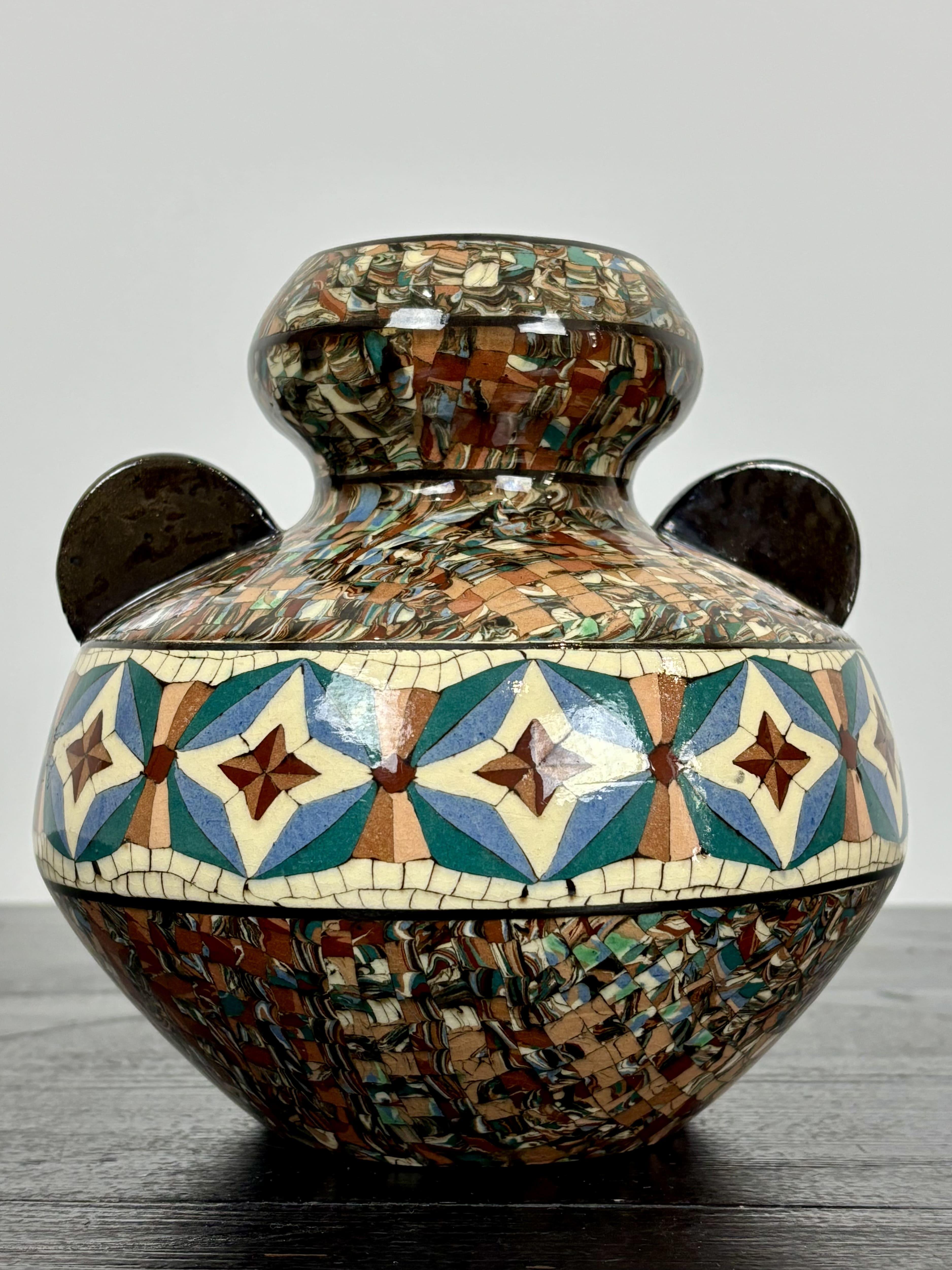 Glazed Mosaic Jean Gerbino (1876-1966) Ball Vase With Ears, Circa 1940-1950 For Sale