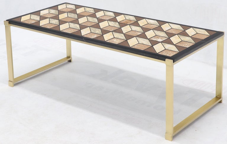 Mid-Century Modern rectangle mosaic multi-color marble-top coffee table on solid polished brass legs.