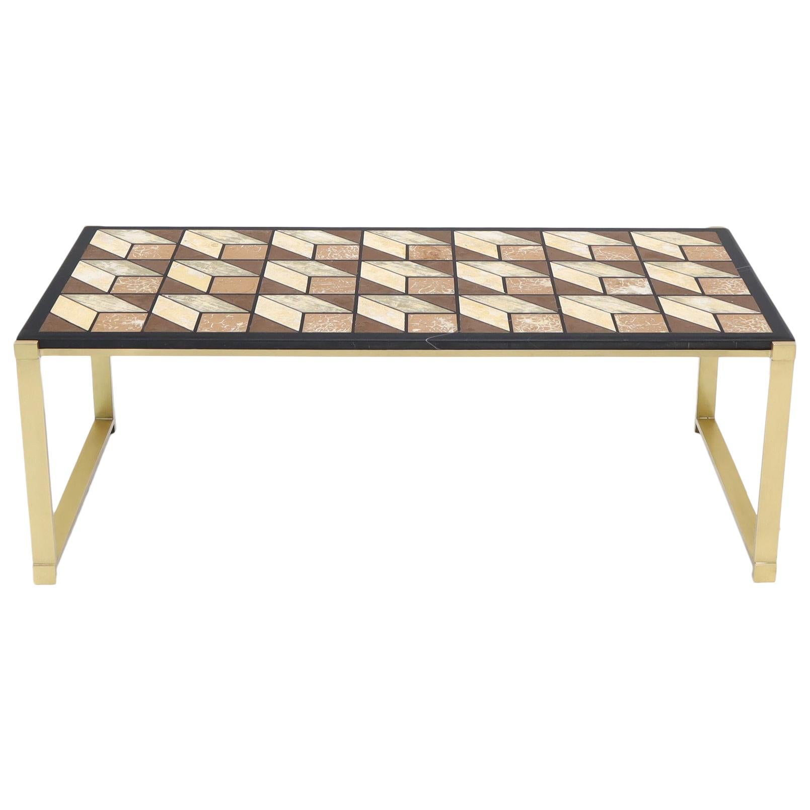 Mosaic Marble-Top Solid Brass Bracket Legs Coffee Table