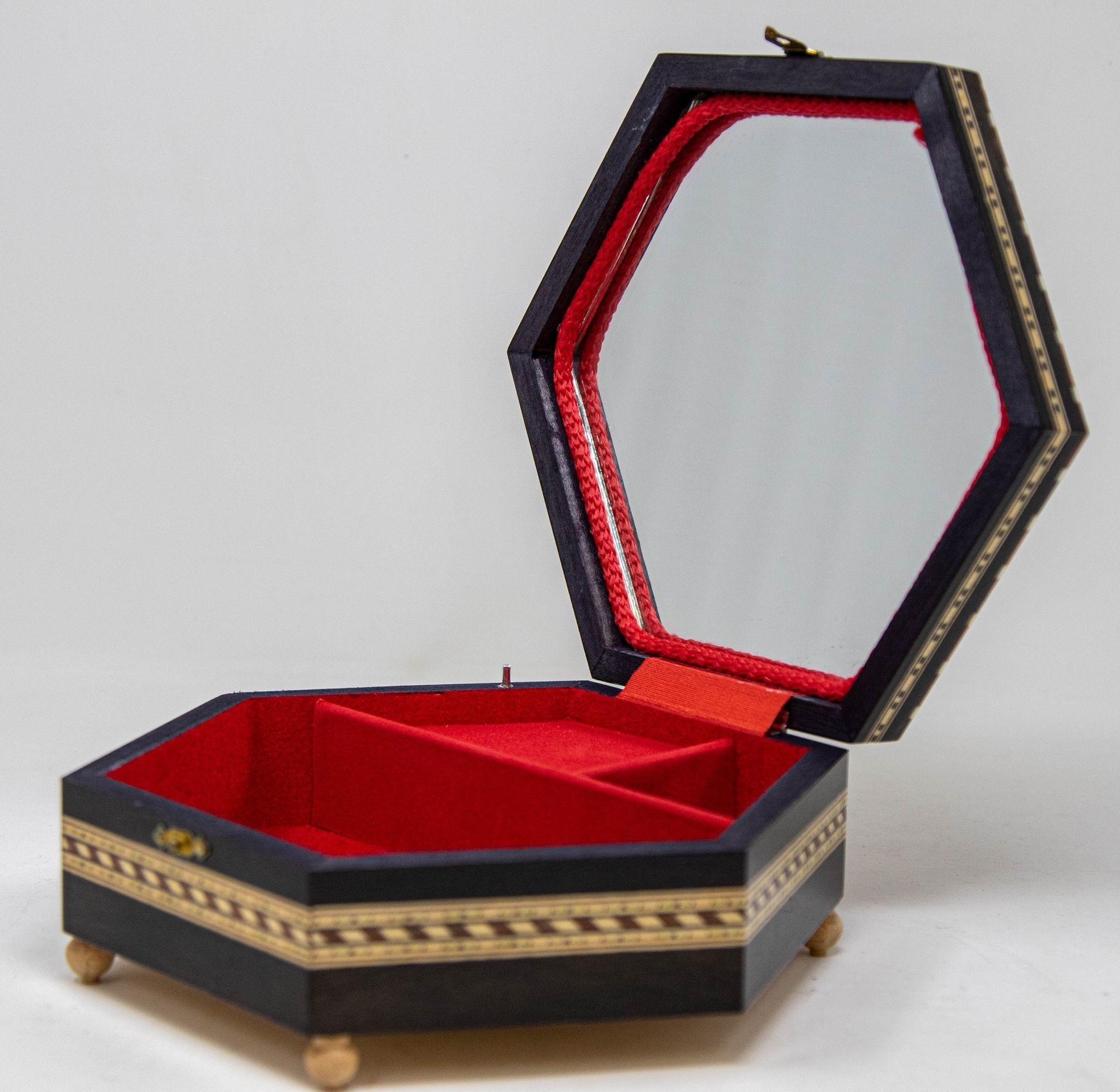 Spanish Mosaic Marquetry Moorish Octagonal Footed Music Box Granada Spain 1950 For Sale