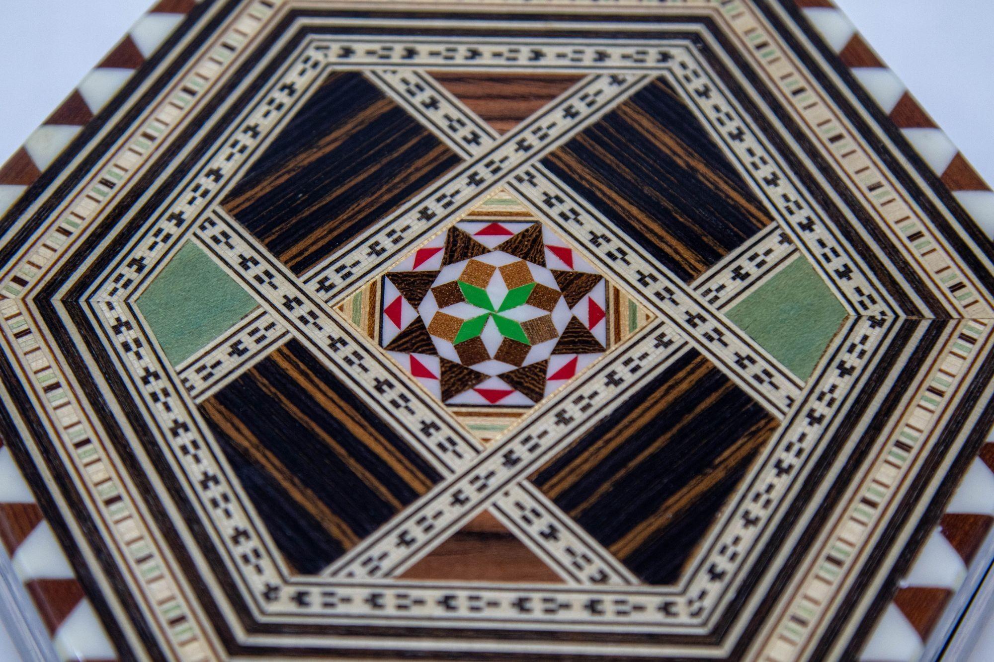 Fruitwood Mosaic Marquetry Moorish Octagonal Footed Music Box Granada Spain 1950 For Sale