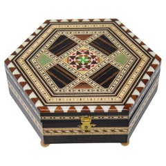 Mosaic Marquetry Moorish Octagonal Footed Music Box Granada Spain 1950