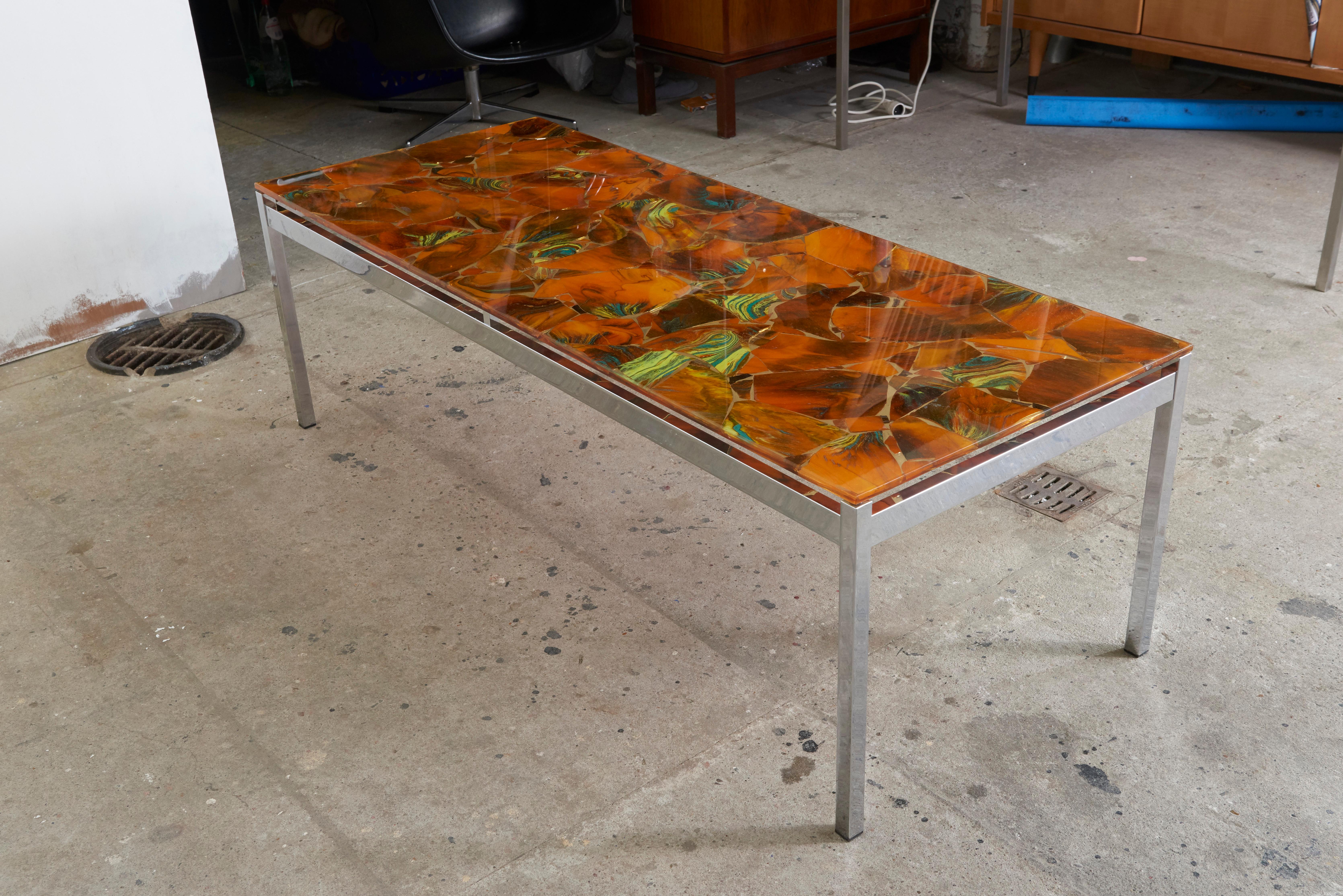 Belgian Mosaic Modernist Rectangular Inlay Orange Glass Top Coffee Table, 1970s