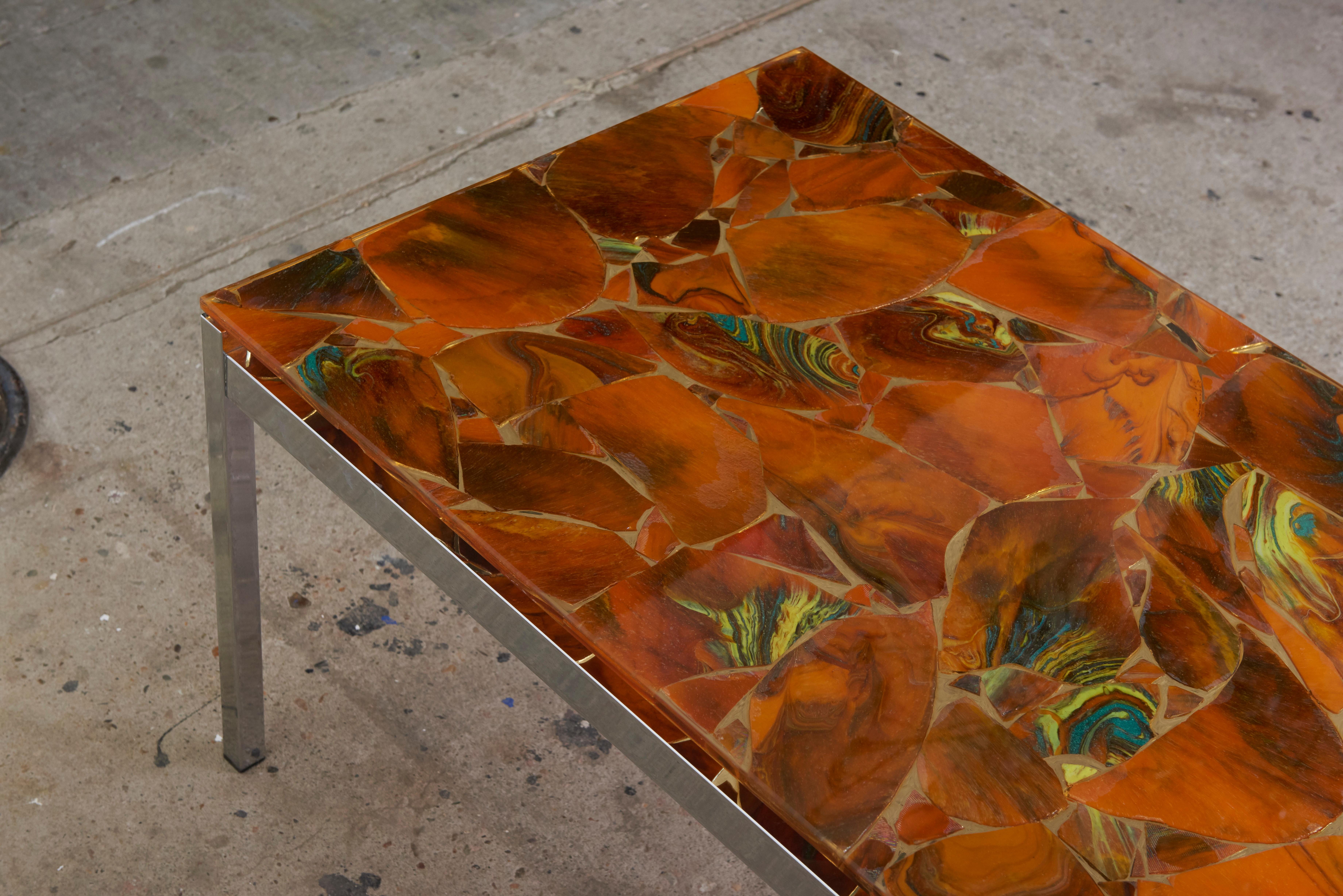 Hand-Crafted Mosaic Modernist Rectangular Inlay Orange Glass Top Coffee Table, 1970s