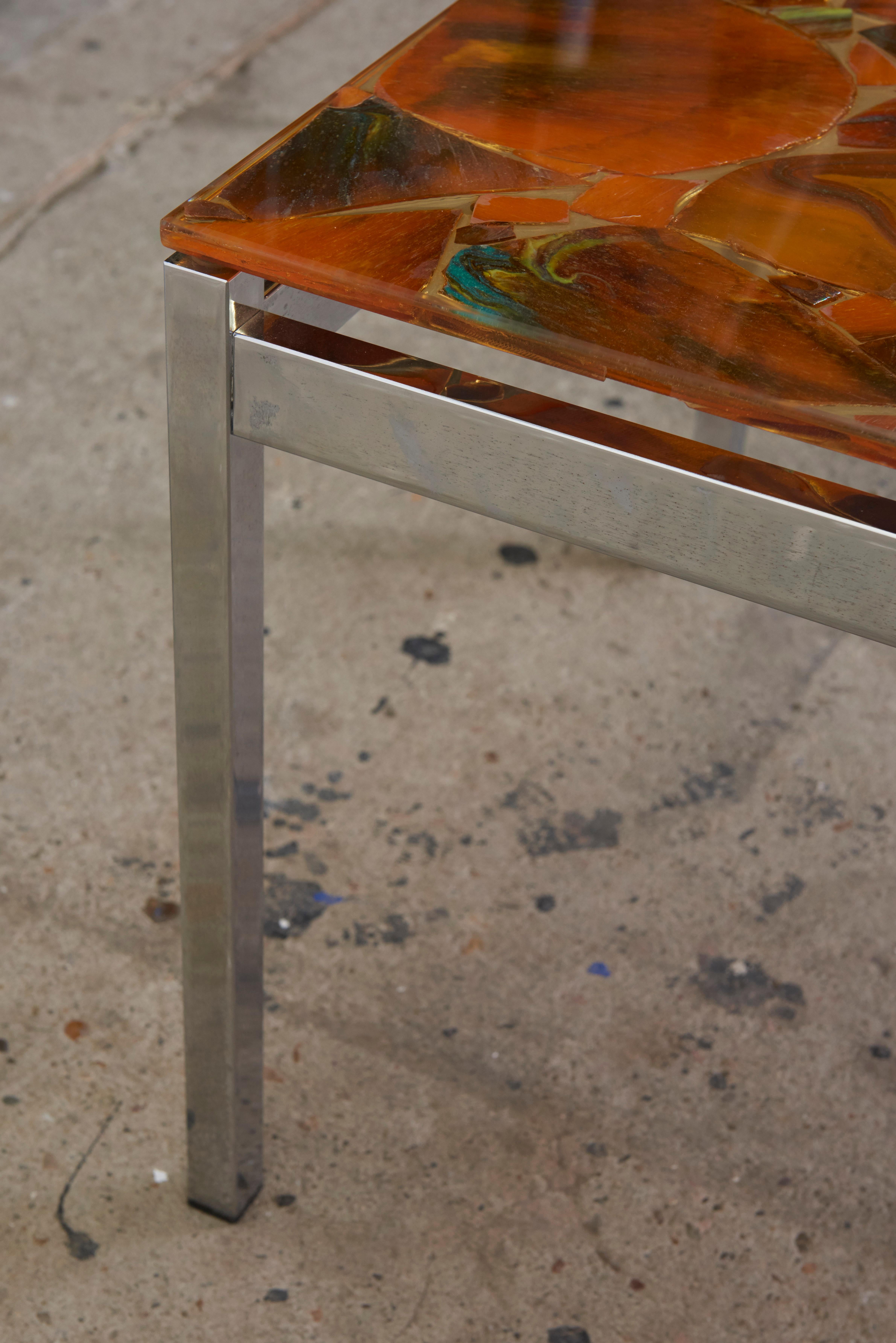 Mosaic Modernist Rectangular Inlay Orange Glass Top Coffee Table, 1970s In Good Condition In Antwerp, BE