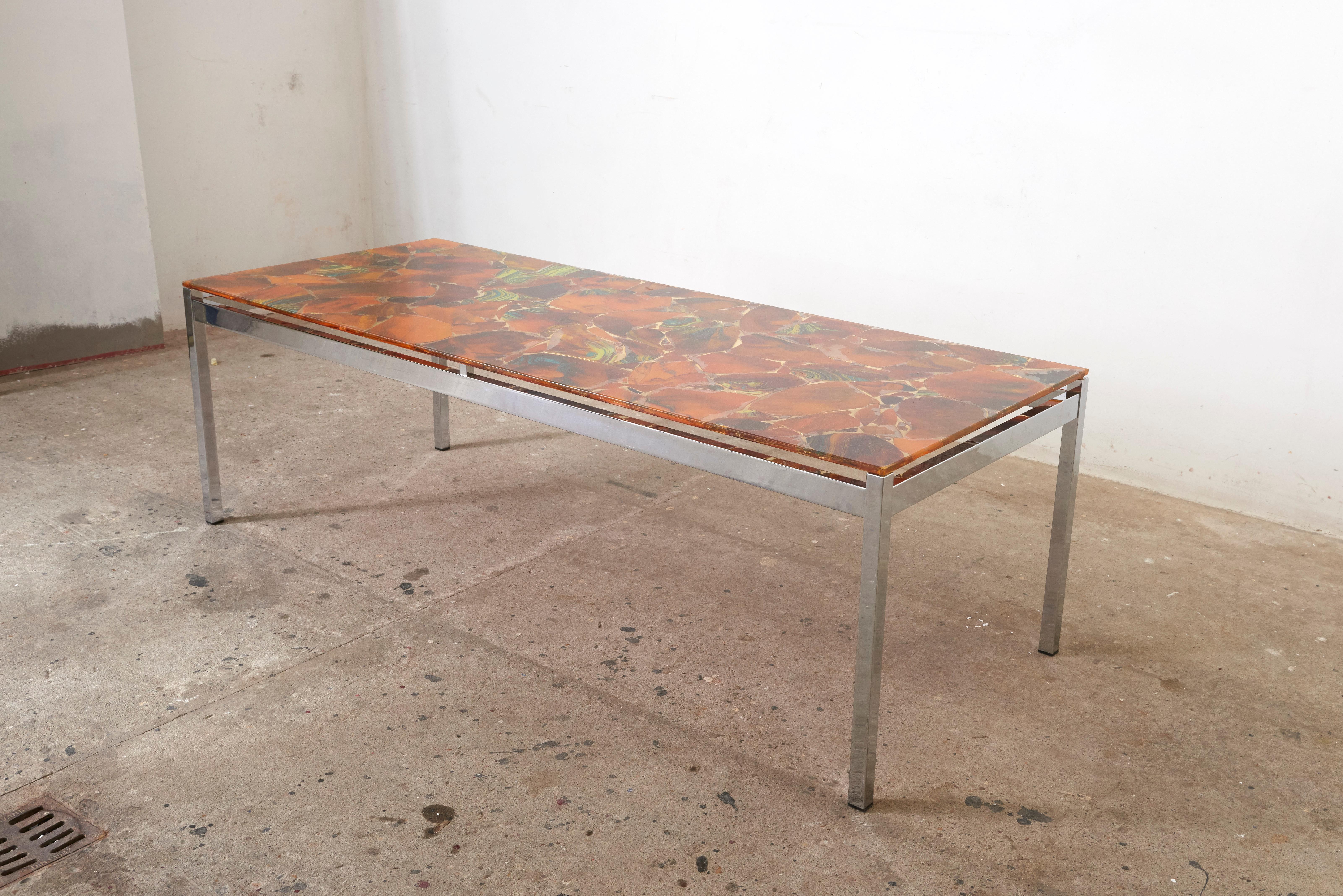 Chrome Mosaic Modernist Rectangular Inlay Orange Glass Top Coffee Table, 1970s