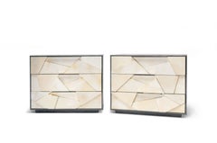 Cubist Nightstand in Silver Birdseye Maple and Parchment with Nickel Pulls