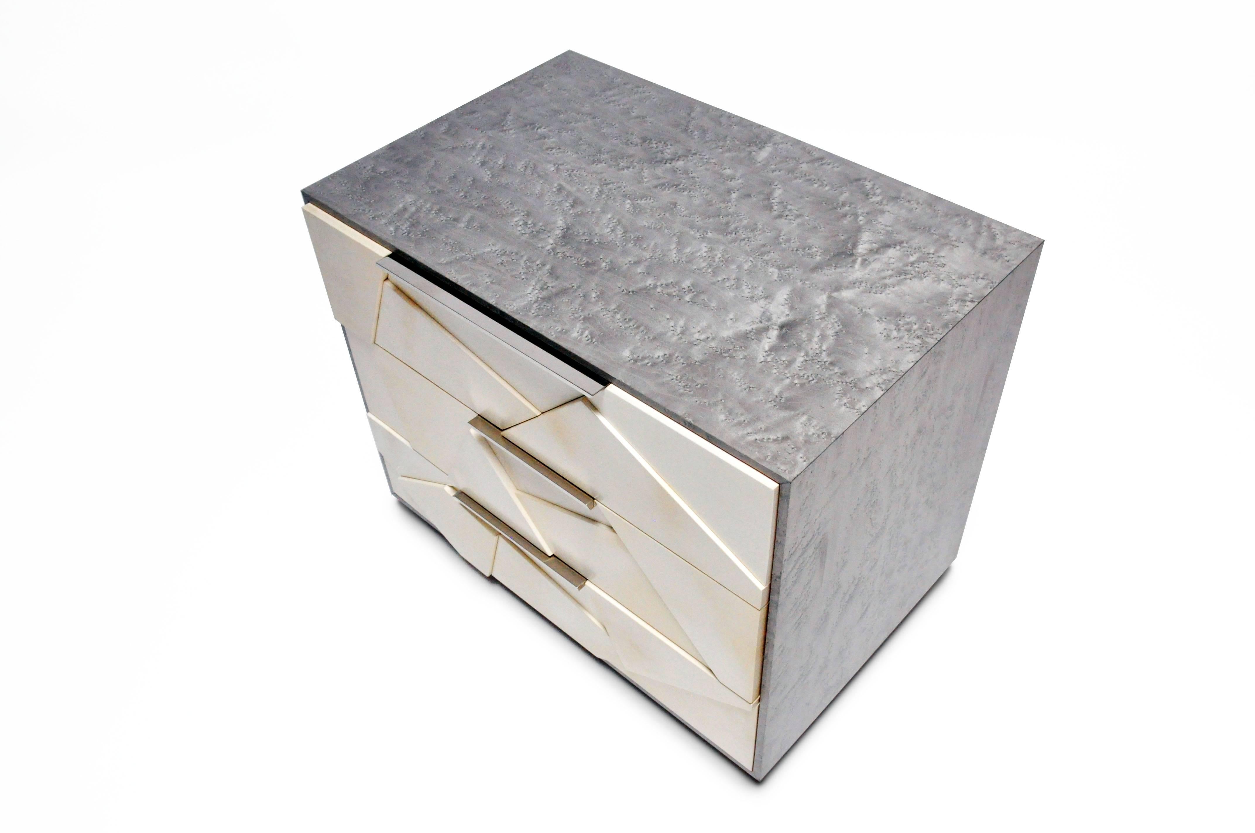 American Cubist Nightstand in Silver Birdseye Maple and Parchment with Nickel Pulls For Sale