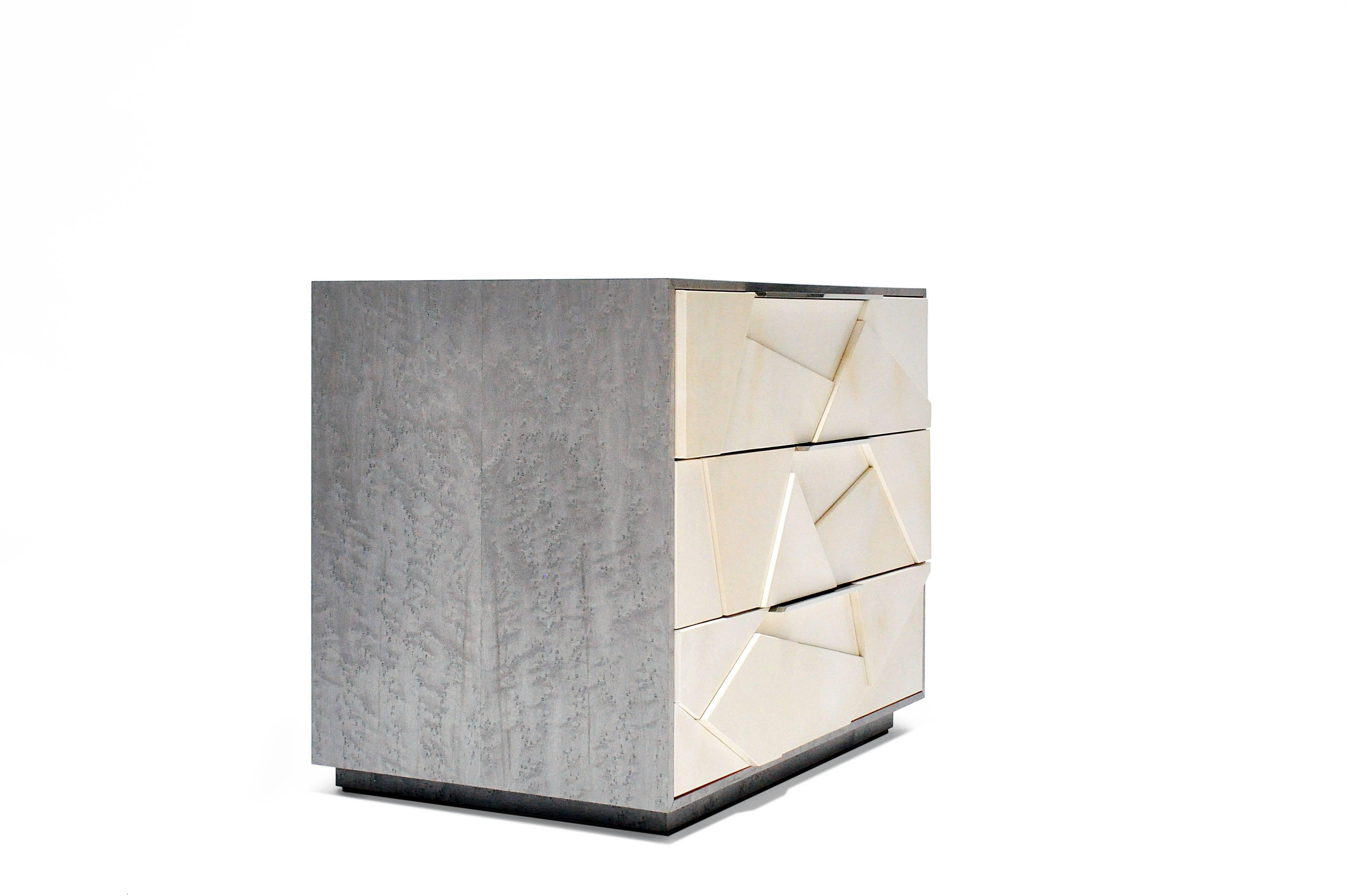 Cubist Nightstand in Silver Birdseye Maple and Parchment with Nickel Pulls In New Condition For Sale In Orange, CA