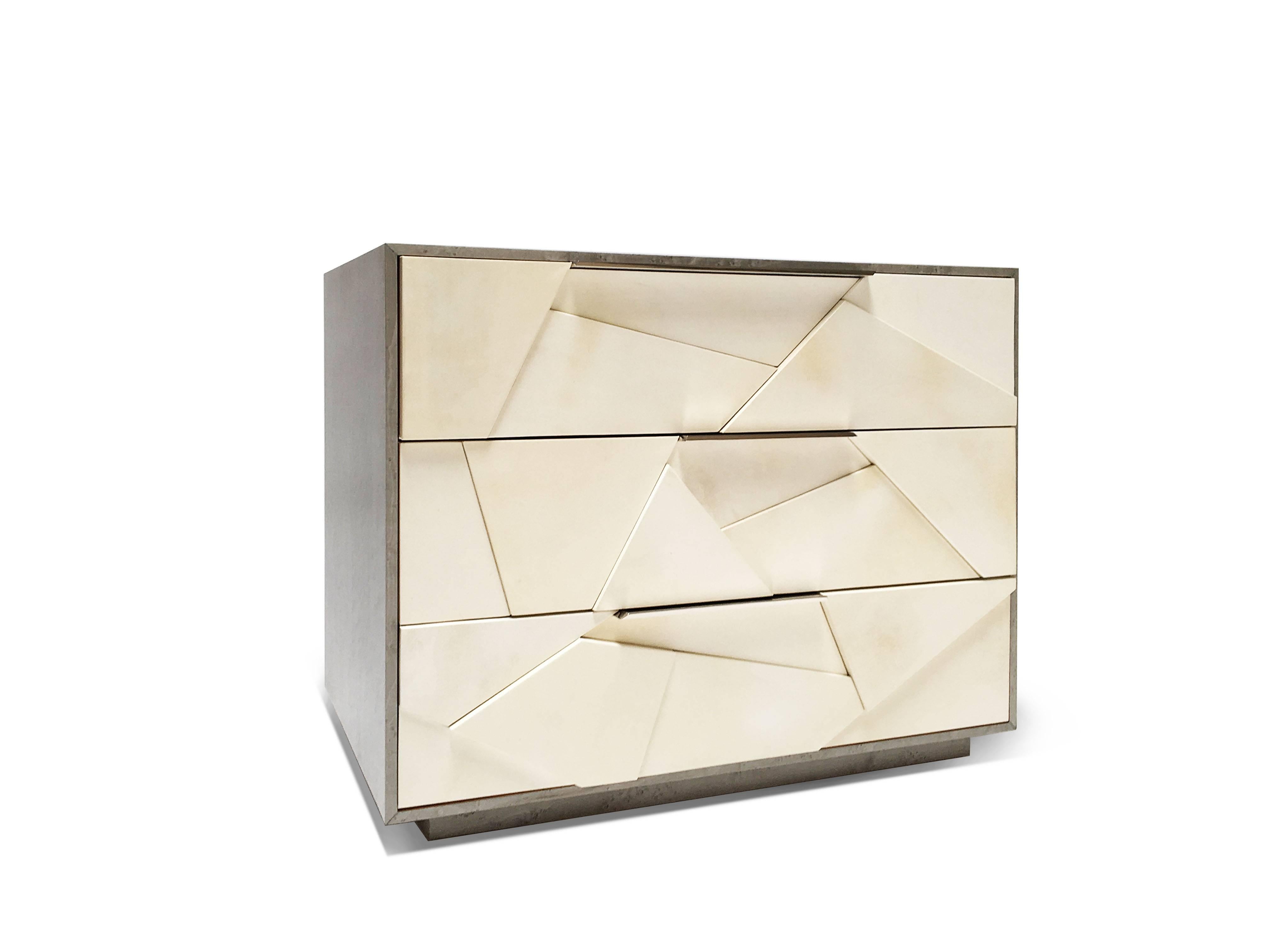 Contemporary Cubist Nightstand in Silver Birdseye Maple and Parchment with Nickel Pulls For Sale