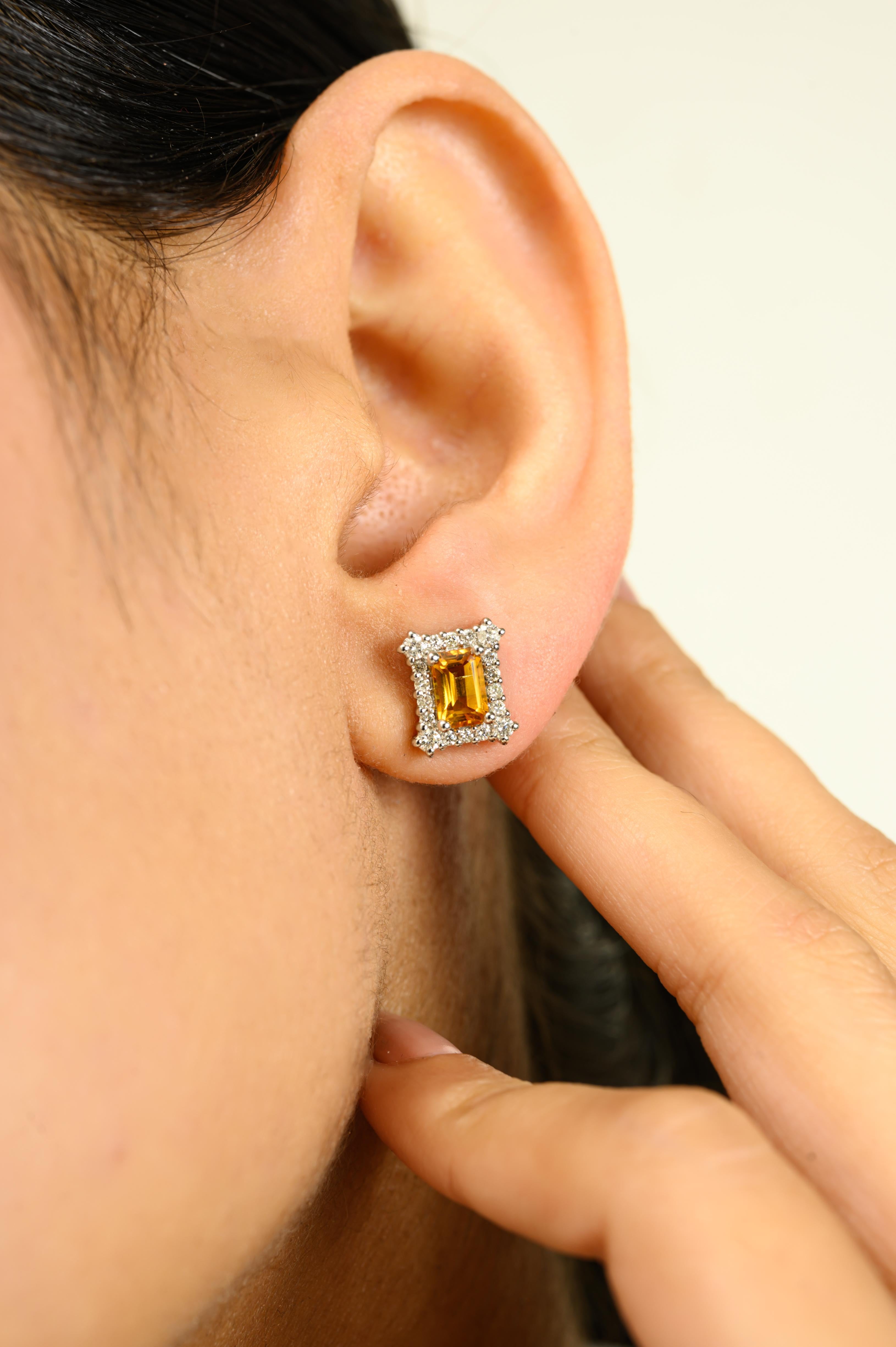 Mosaik Oktagon 1,08ct Citrin Diamant Halo Ohrstecker in 14k massivem Weißgold (Art déco) im Angebot