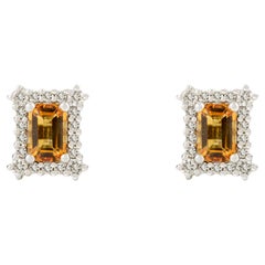 Mosaic Octagon 1.08ct Citrine Diamond Halo Stud Earrings in 14k Solid White Gold