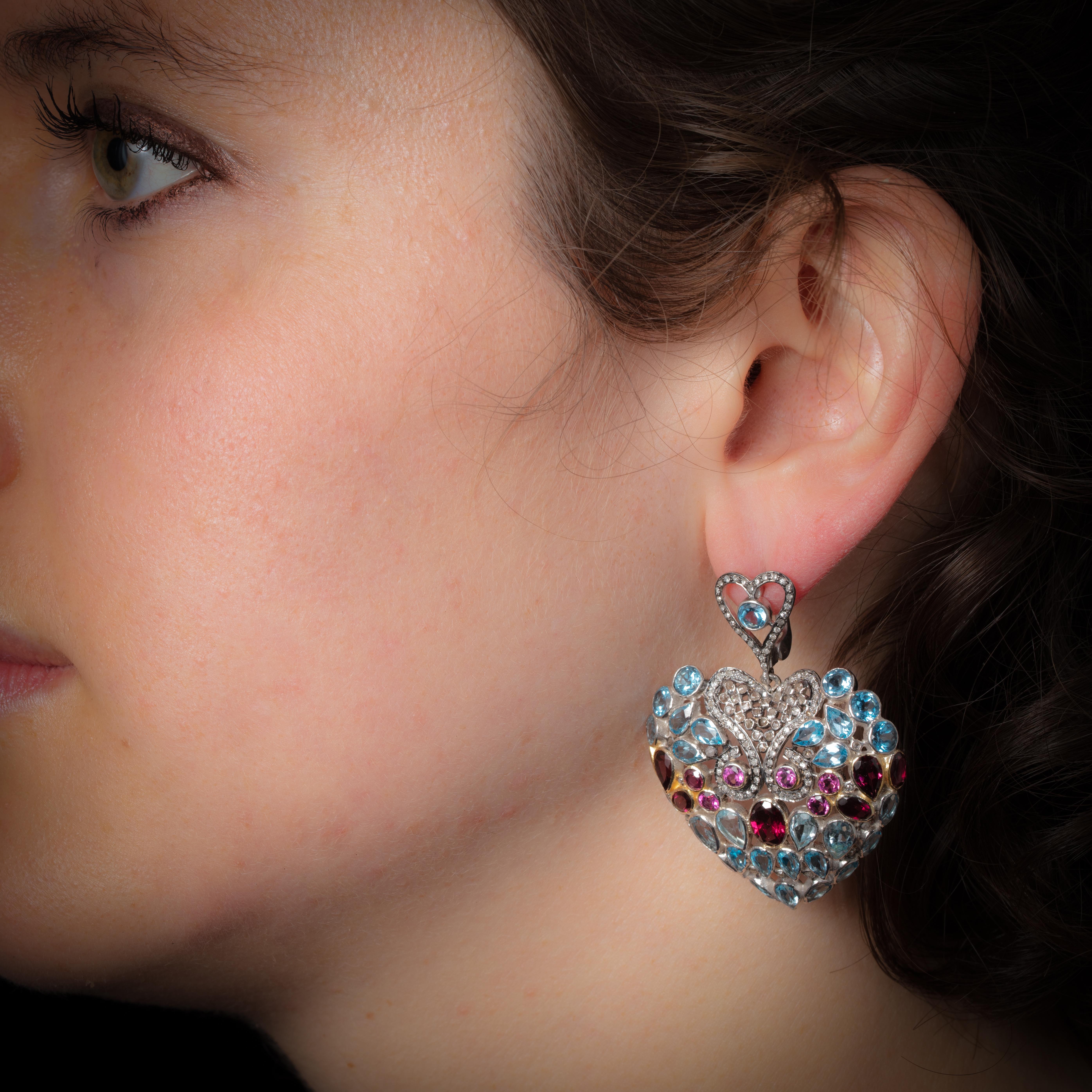 Oval Cut Mosaic of Diamond, Pink Tourmaline and Aquamarine Dangle Earrings For Sale