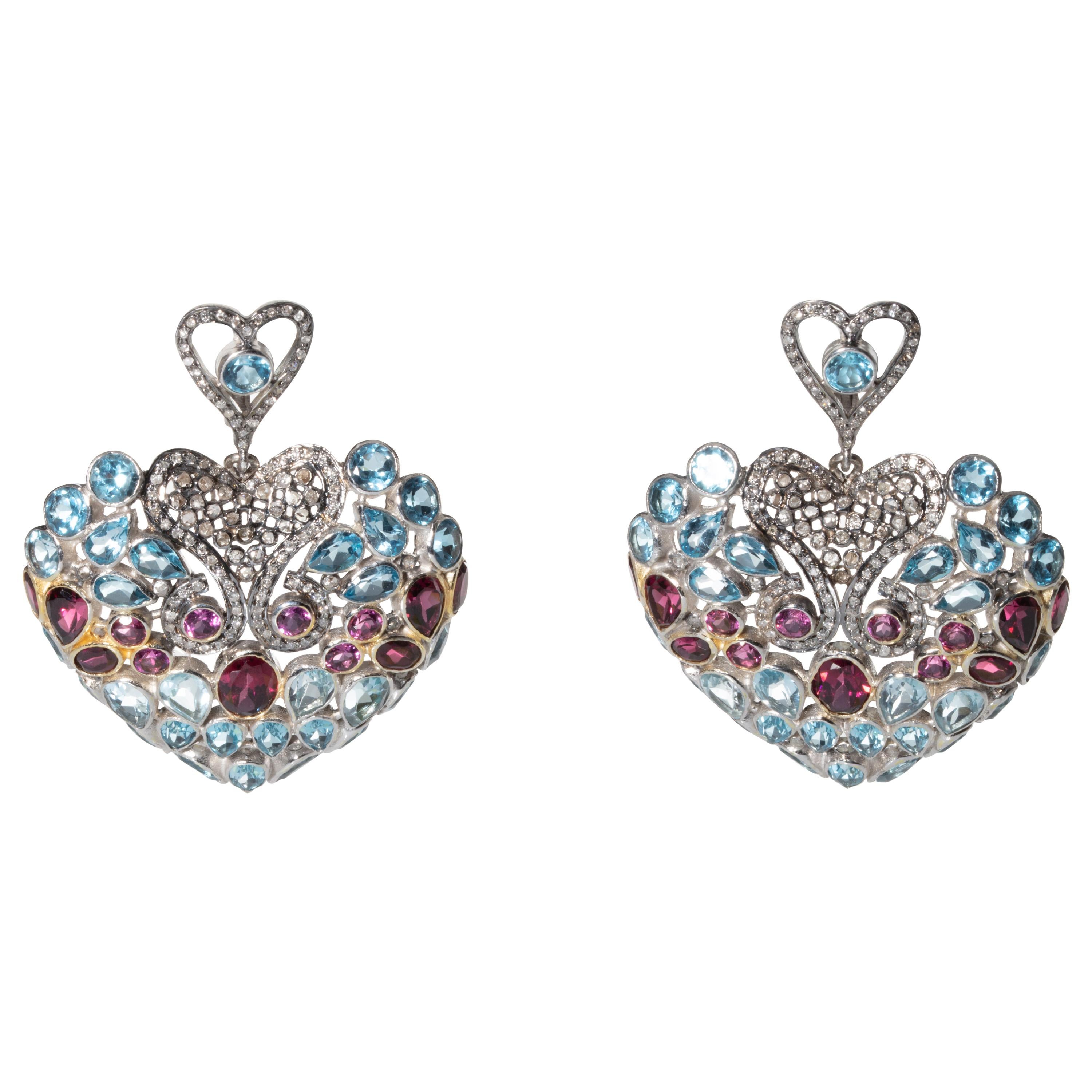 Mosaic of Diamond, Pink Tourmaline and Aquamarine Dangle Earrings