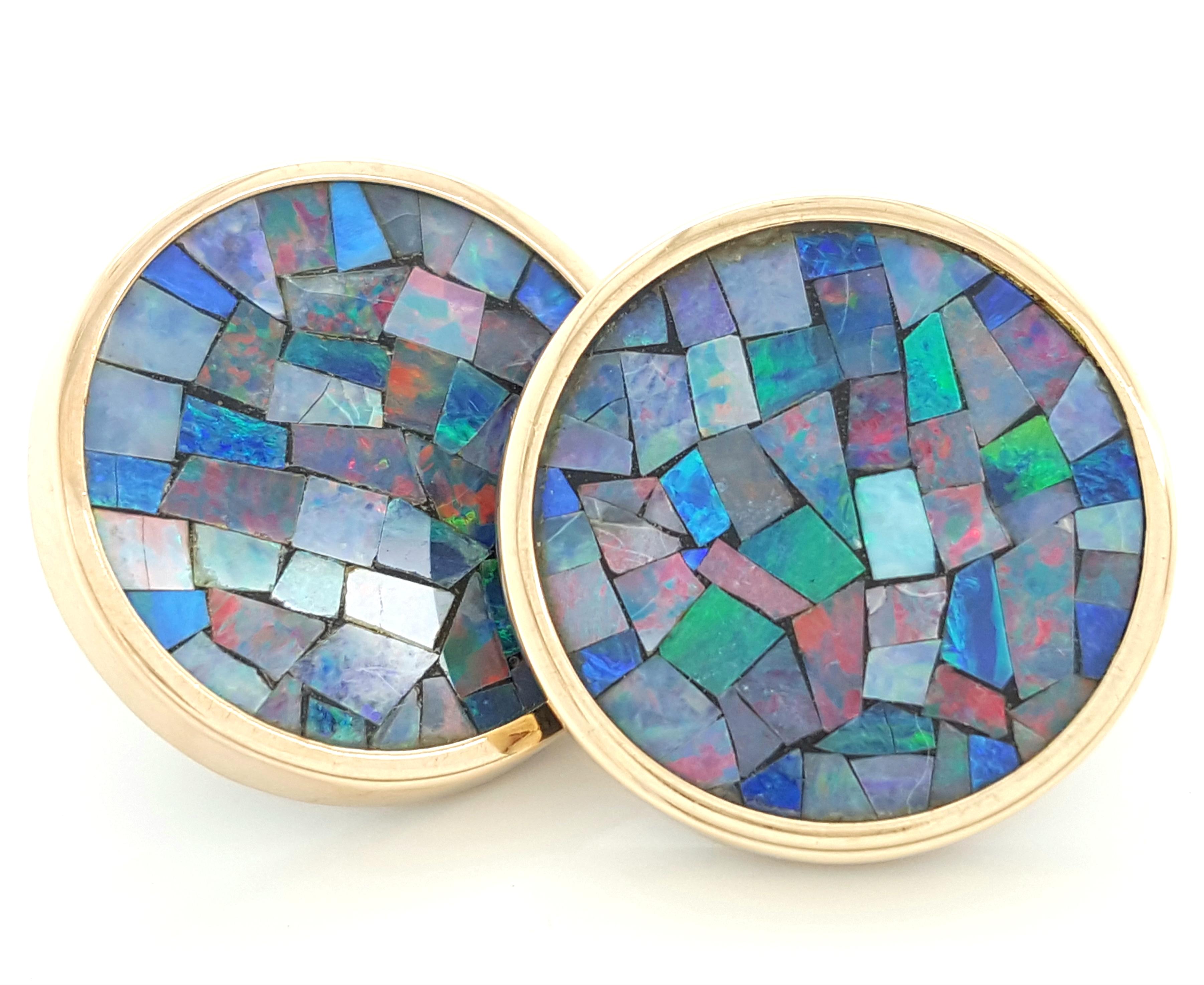 Mosaic Opal Earrings with High Polished 14 Karat Yellow Gold Bezels In Excellent Condition In Addison, TX