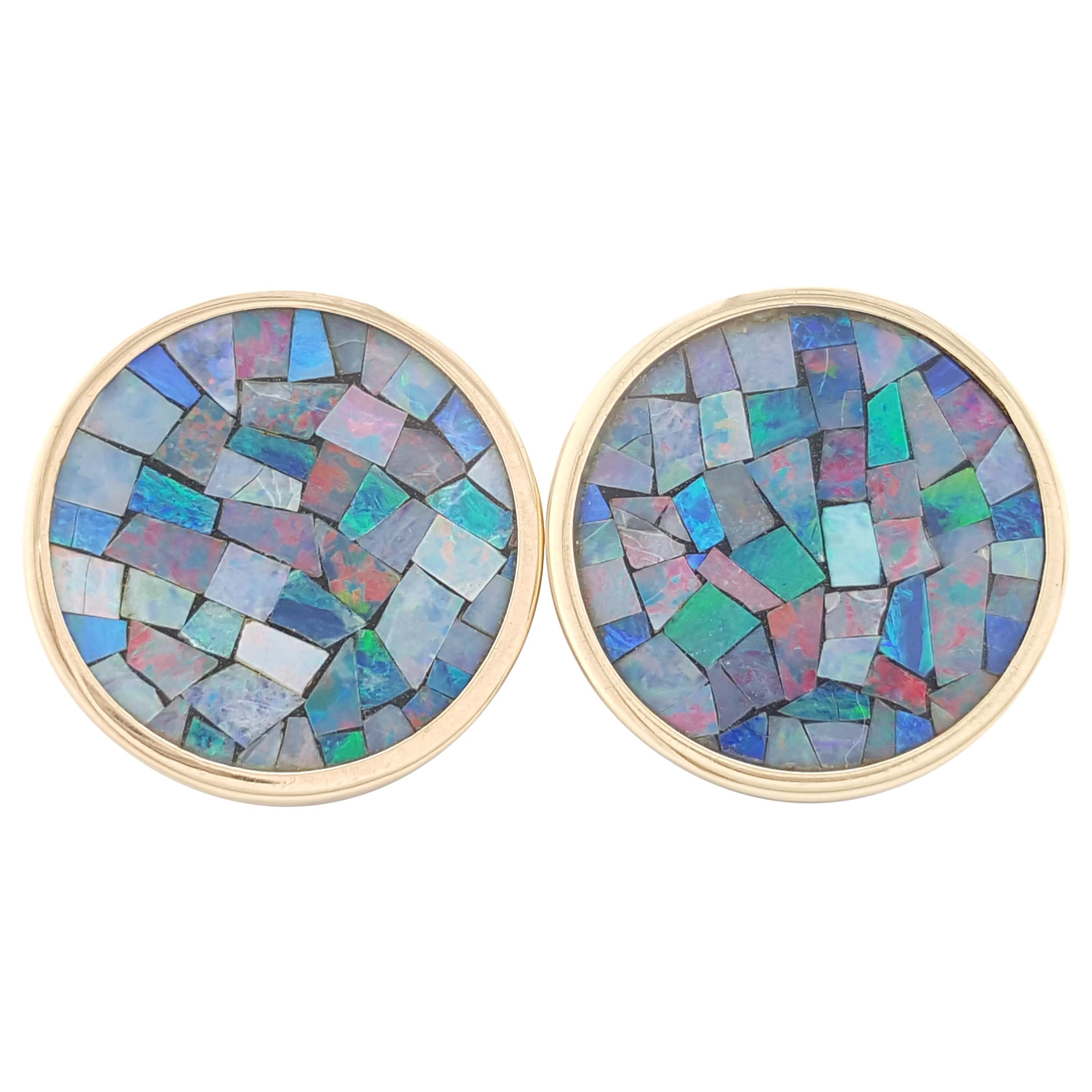 Mosaic Opal Earrings with High Polished 14 Karat Yellow Gold Bezels