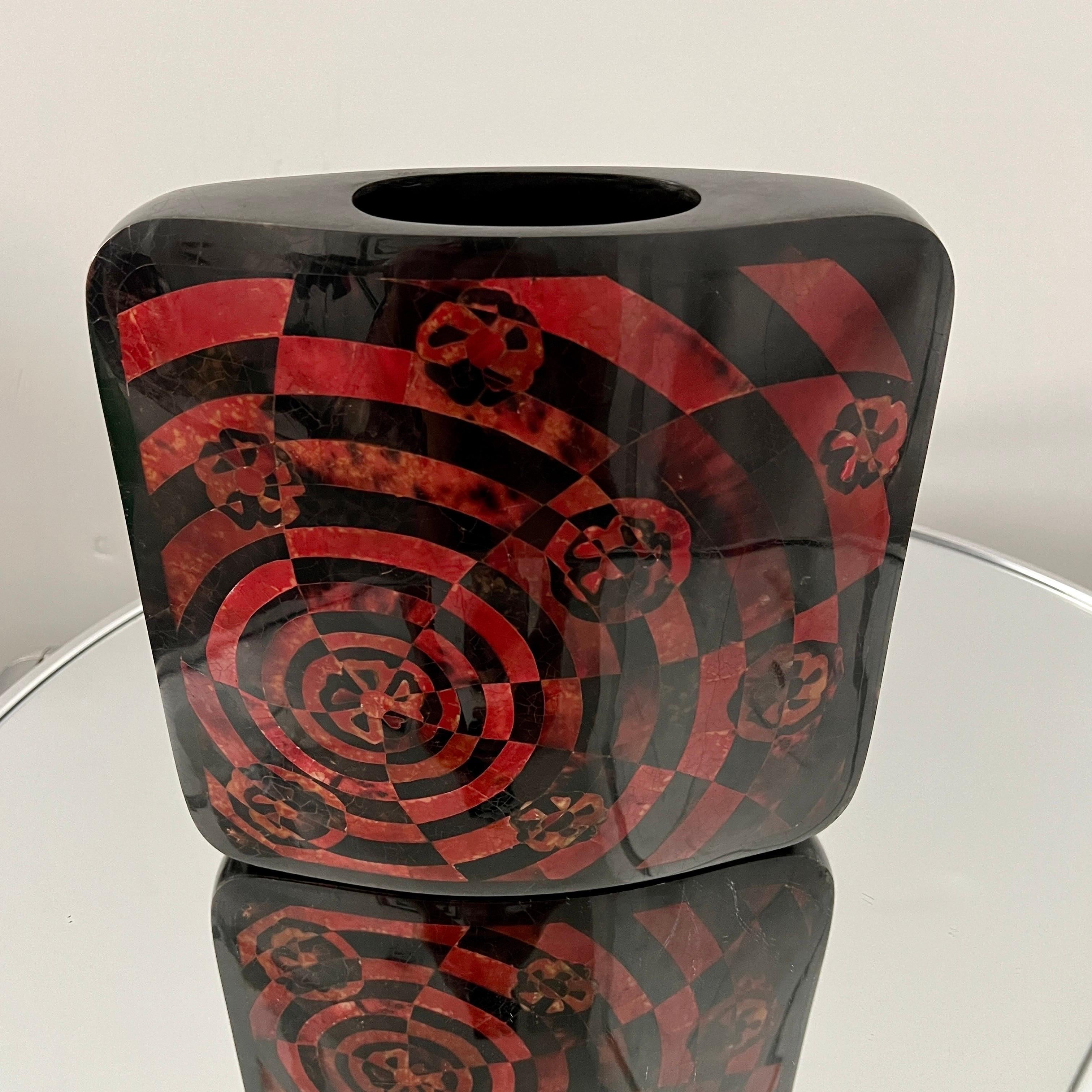Hand-Crafted Mosaic Pen Shell Vase with Inlays in Red and Black by R & Y Augousti  For Sale