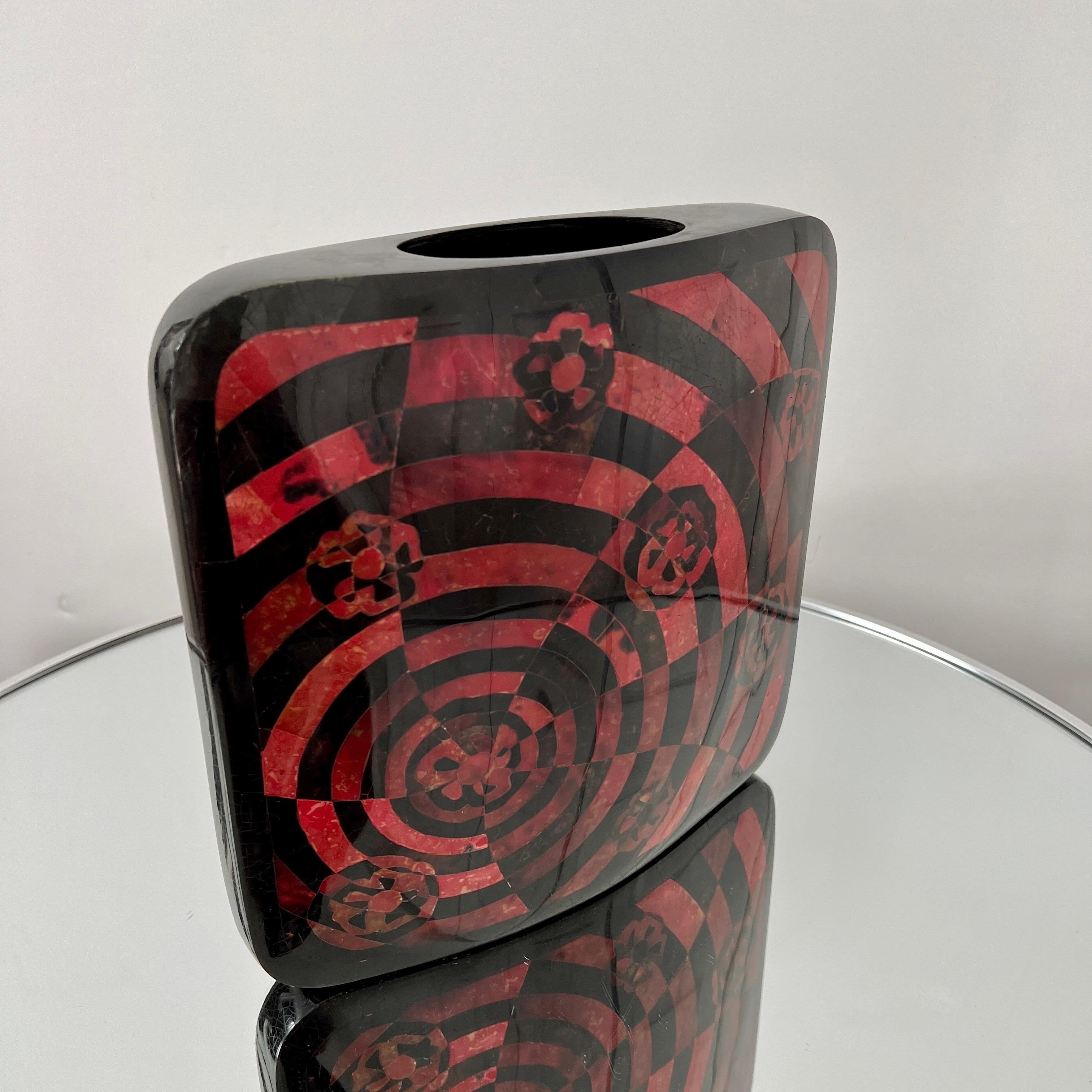 Mosaic Pen Shell Vase with Inlays in Red and Black by R & Y Augousti  For Sale 1