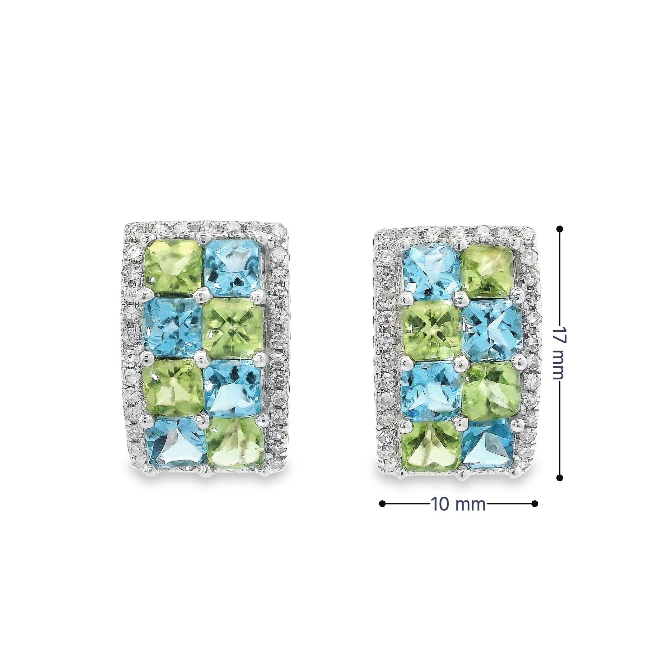 Cabochon Mosaic Peridot and Blue Topaz Ring and Earrings in 18K White Gold with Diamonds For Sale