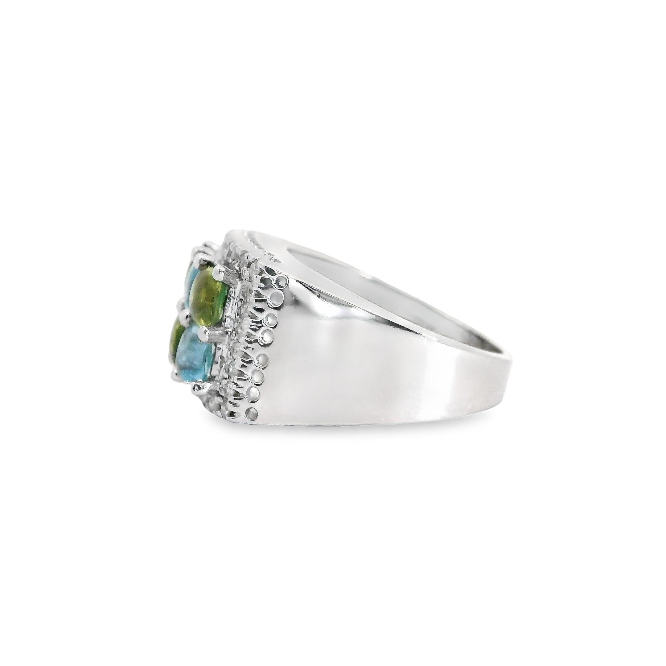 Women's Mosaic Peridot and Blue Topaz Ring and Earrings in 18K White Gold with Diamonds For Sale