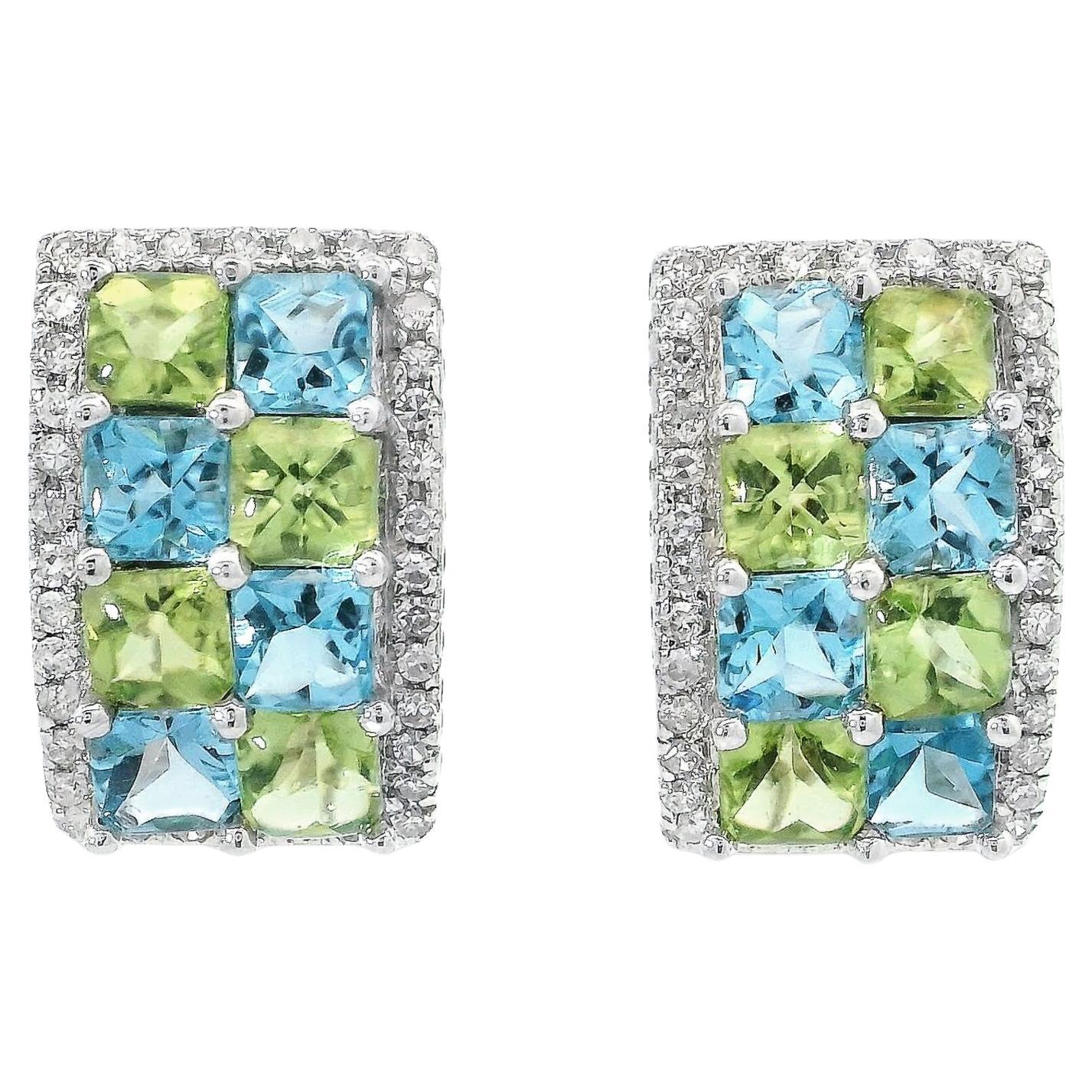 Mosaik Peridot und Blauer Topas Ring und Ohrringe aus 18K Weißgold mit Diamanten
