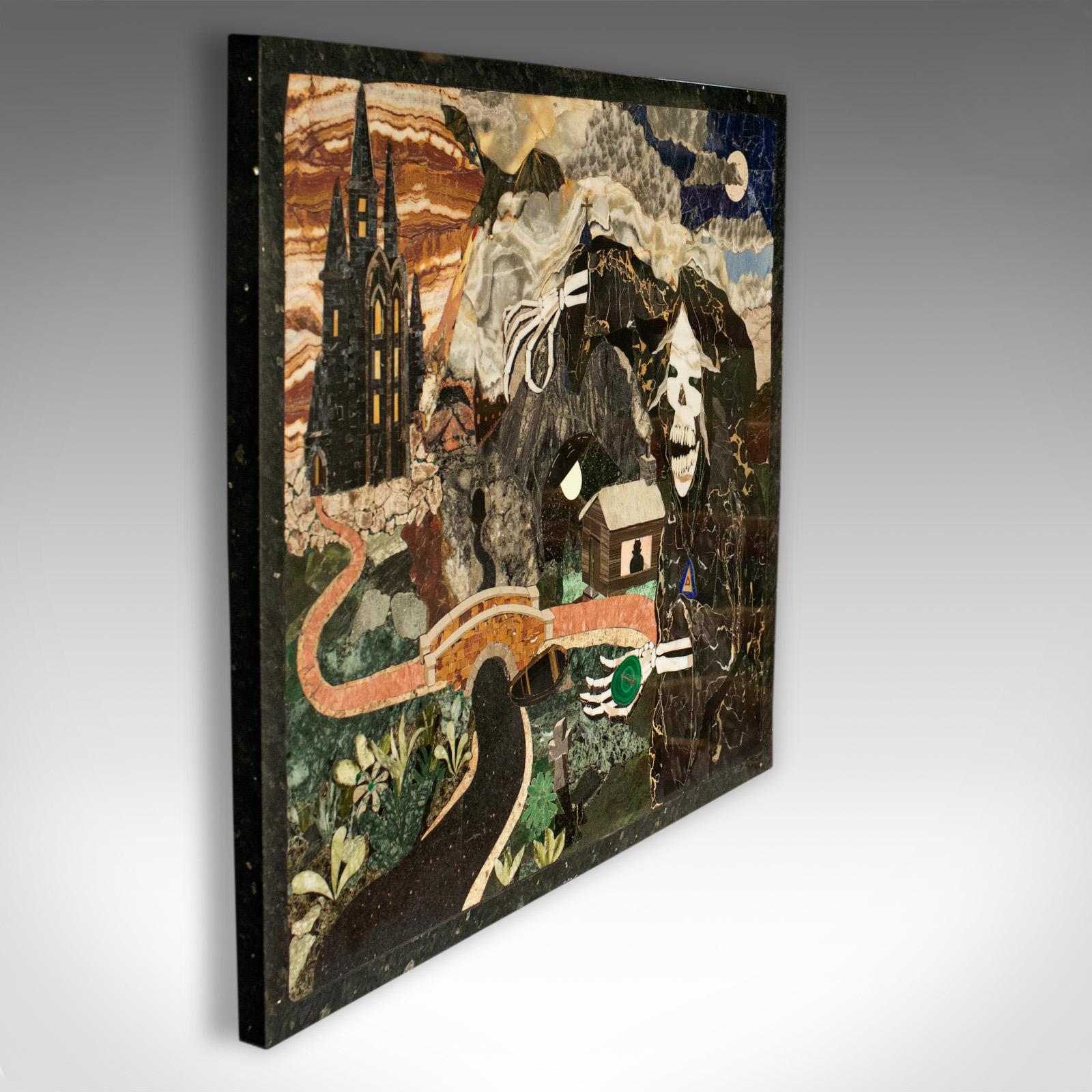 'The Fractured Hour' is a mosaic or Pietra Dura displaying a fantasy scene. An English, tigers eye and lapis lazuli et al marble and stone piece by renowned sculptural artist Dominic Hurley and dating to the 20th century.

Profusely detailed in an
