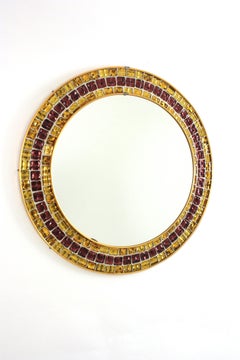 Mosaic Round Wall Mirror with Golden and Garnet Glass Tiles Frame, 1960