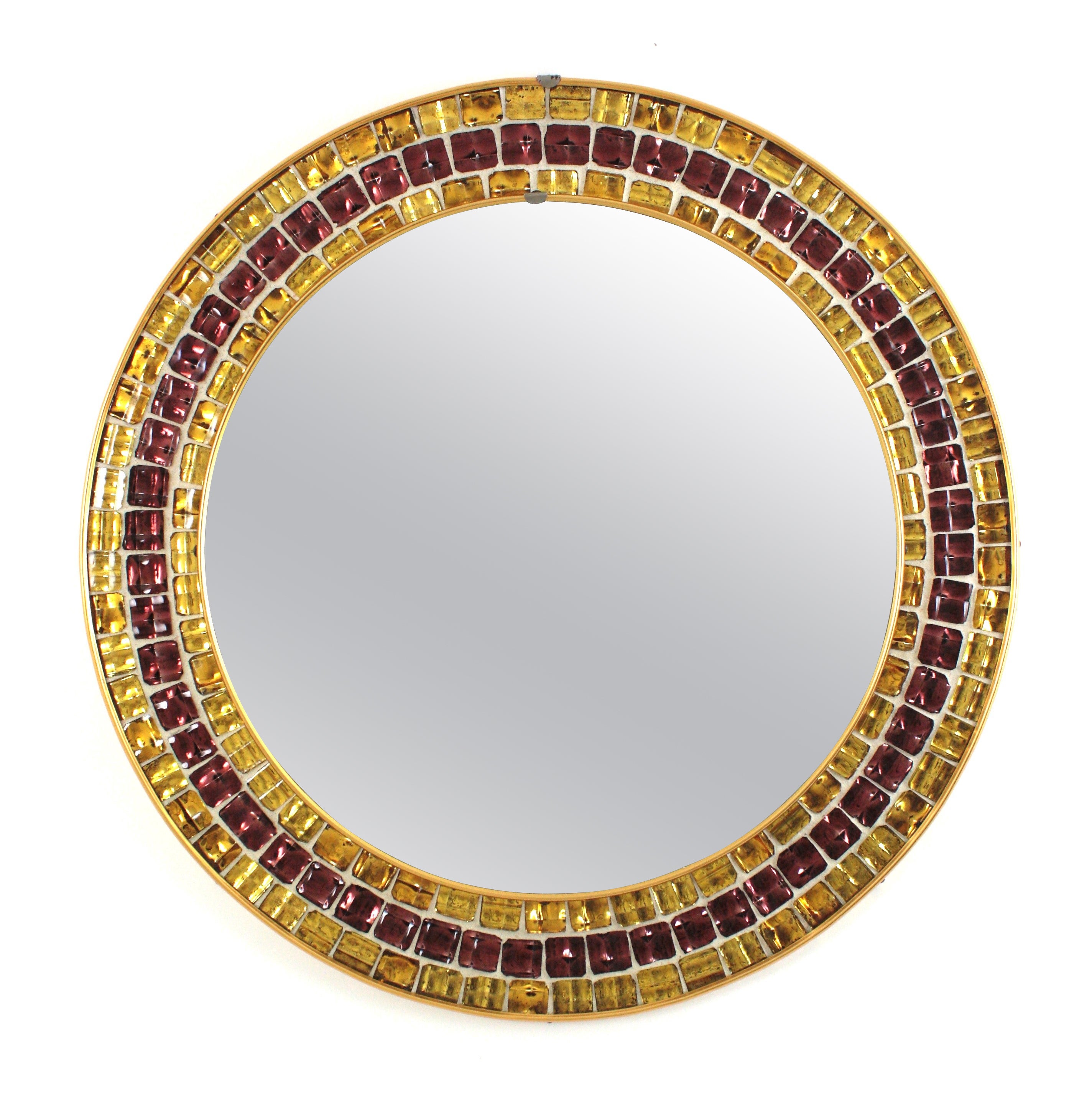Mosaic Round Wall Mirror with Golden and Garnet Glass Tiles Frame, 1960