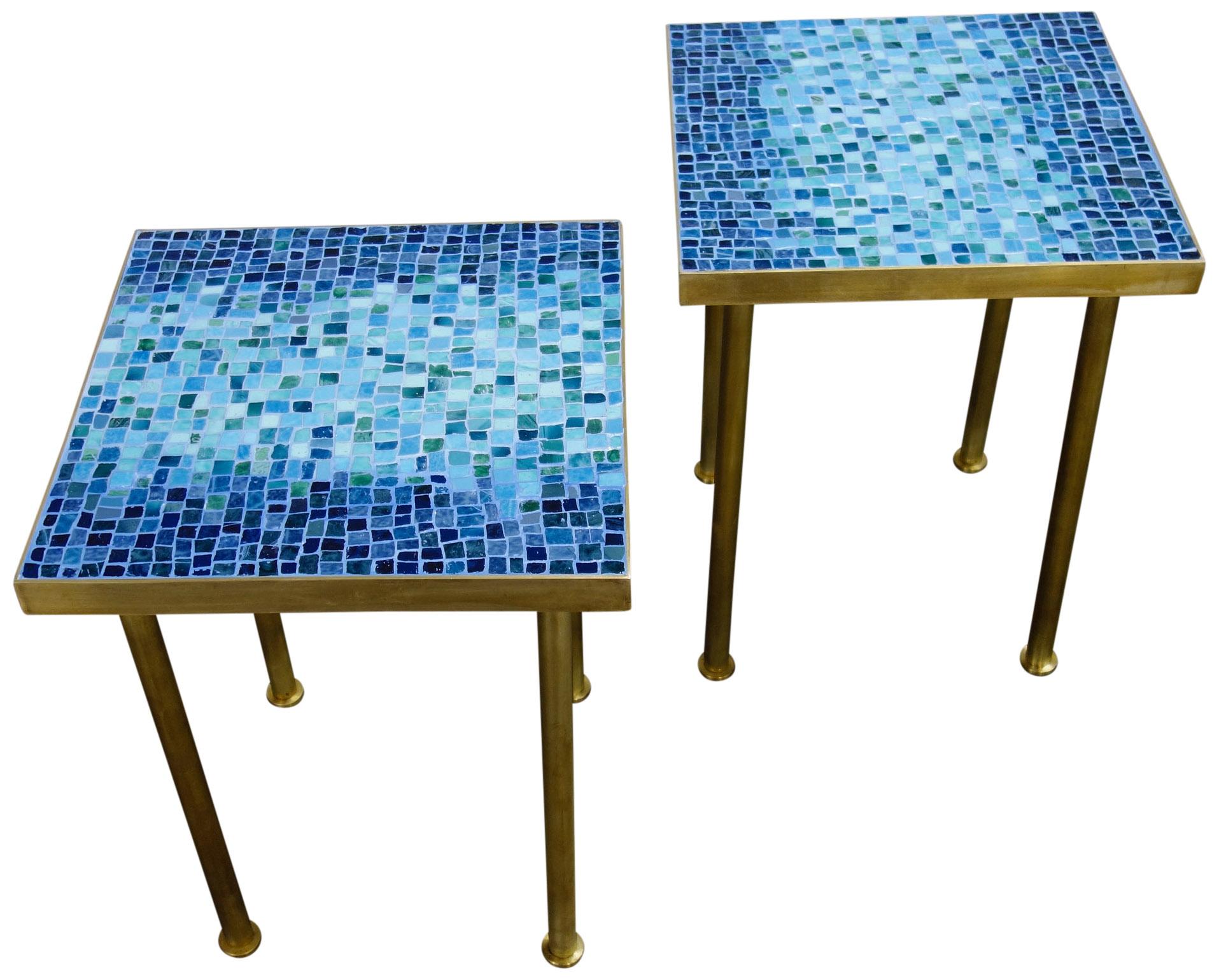 Mid-Century Modern Mosaic Side or End Tables with Brass Frame For Sale